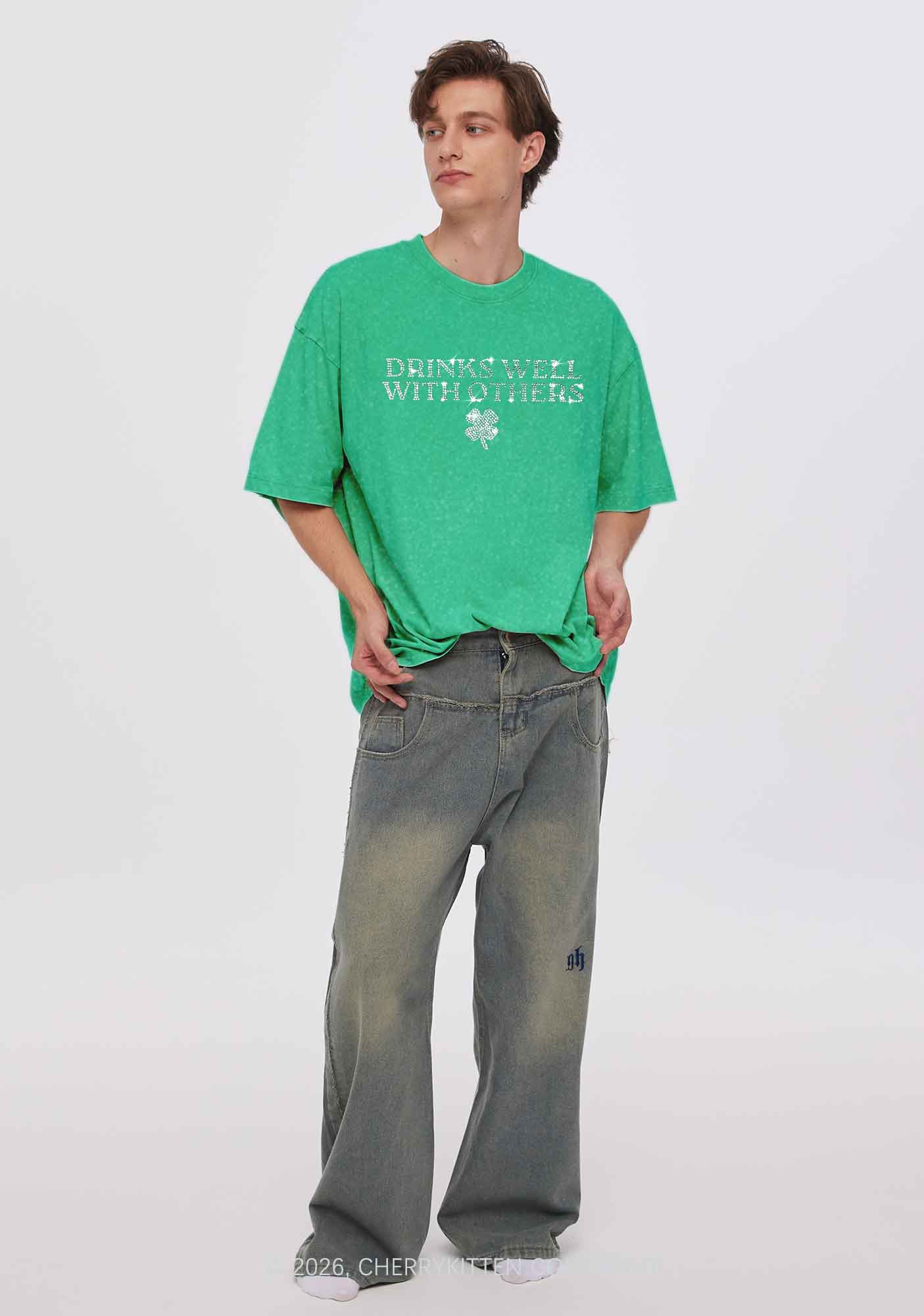Rhinestone Drinks Well With Others St Patricks Y2K Shirts Washed Tee Cherrykitten - Image 2