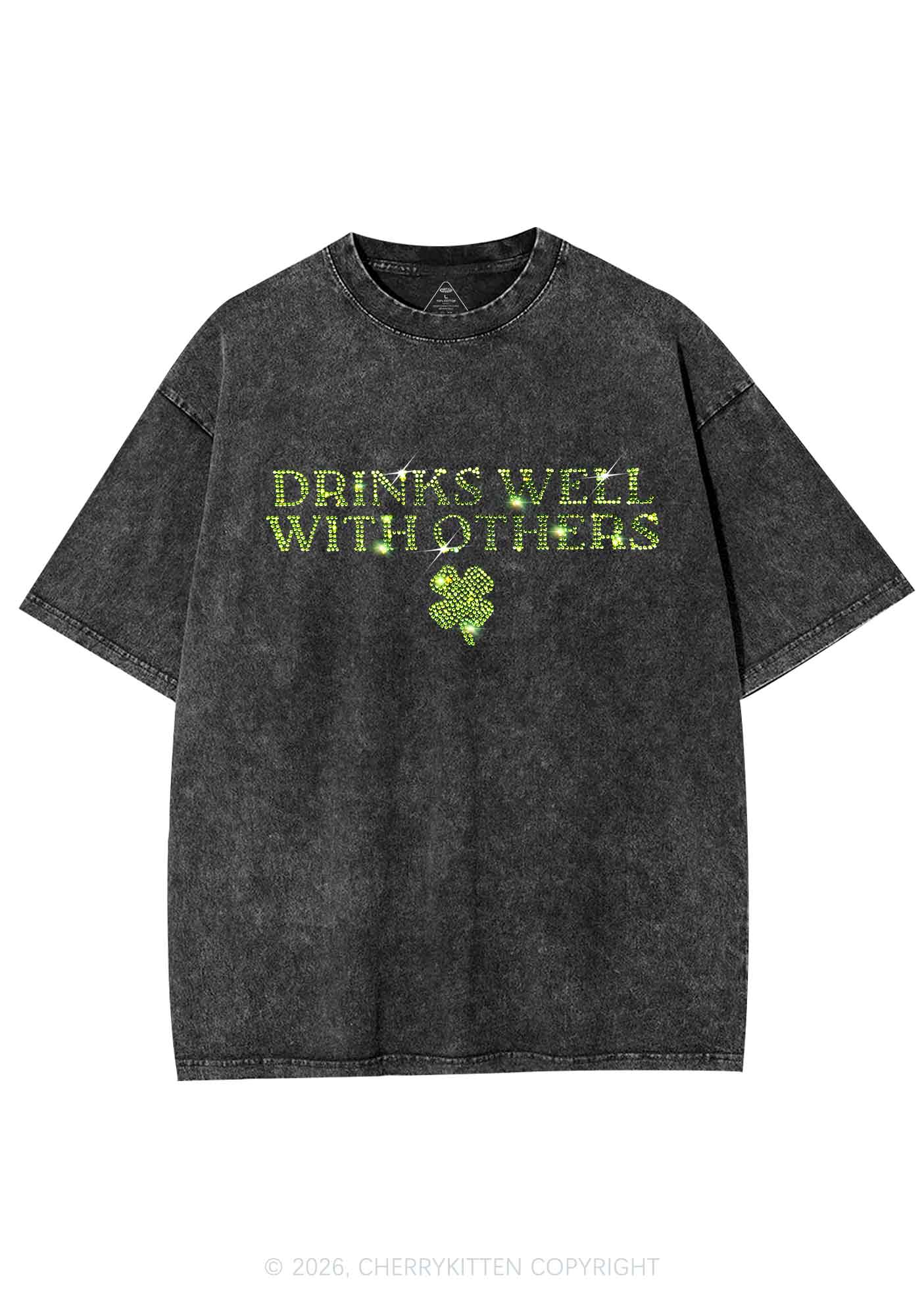Rhinestone Drinks Well With Others St Patricks Y2K Shirts Washed Tee Cherrykitten - Image 3