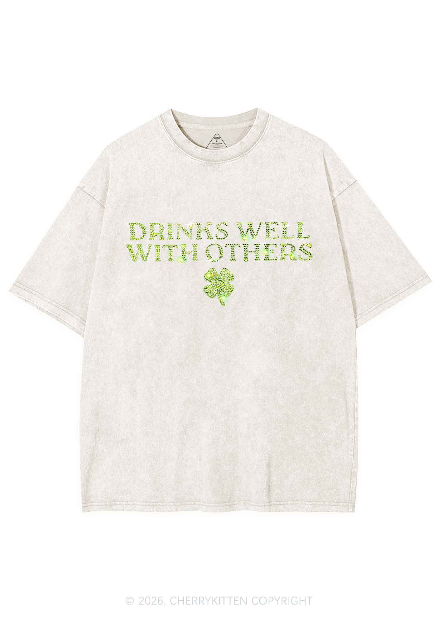 Rhinestone Drinks Well With Others St Patricks Y2K Shirts Washed Tee Cherrykitten - Image 4