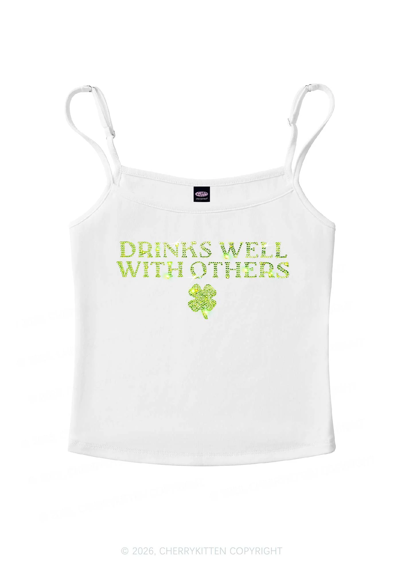 Rhinestone Drinks Well With Others St Patricks Y2K Spaghetti Strap Cami Cherrykitten - Image 2