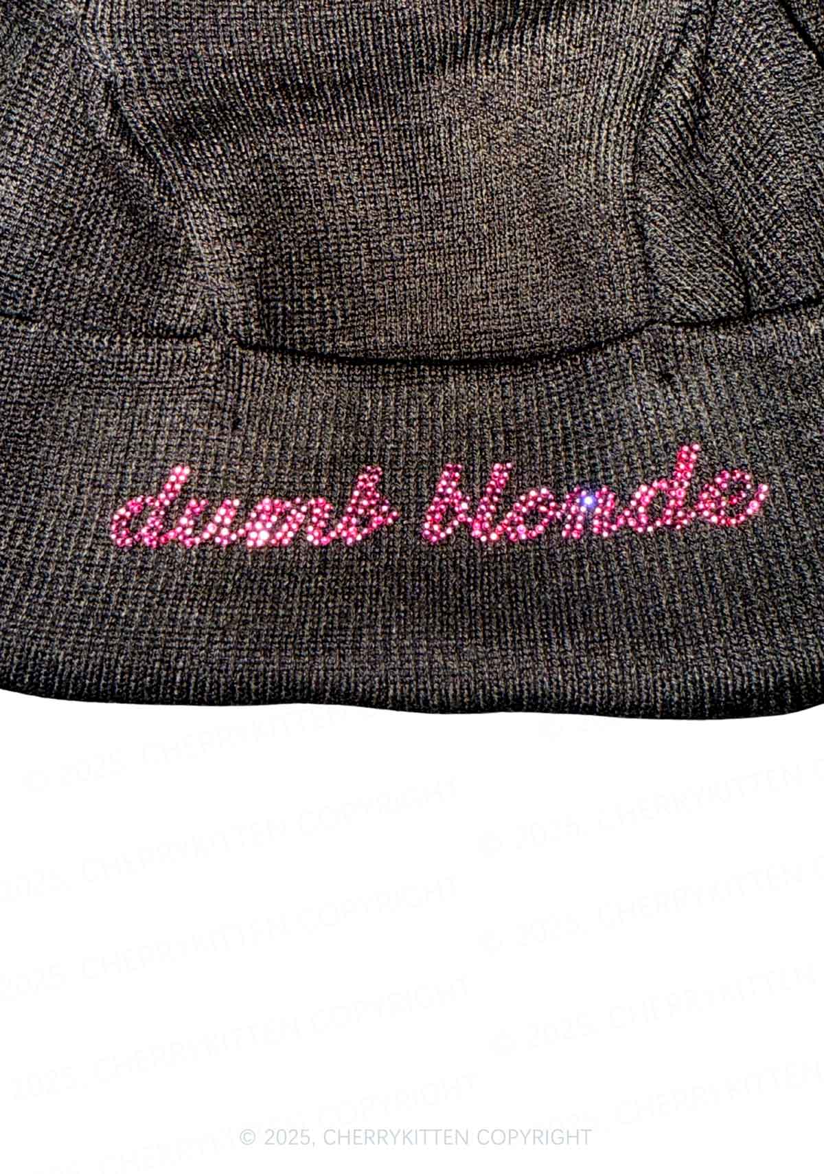 Rhinestone Dumb Blonde Cherry Y2K Bunny Ear Knitted Hat Cherrykitten - Image 3