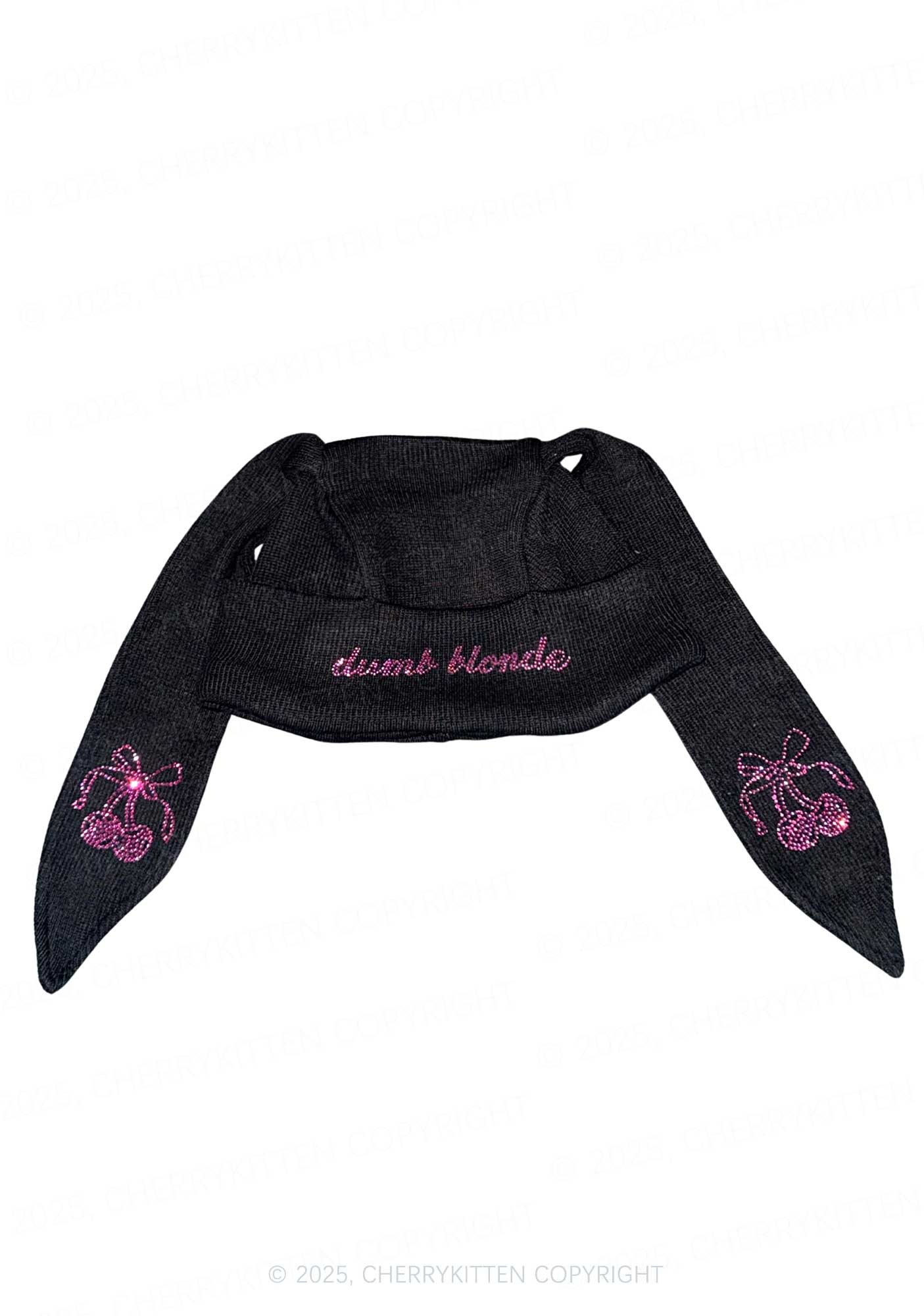 Rhinestone Dumb Blonde Cherry Y2K Bunny Ear Knitted Hat Cherrykitten - Image 4