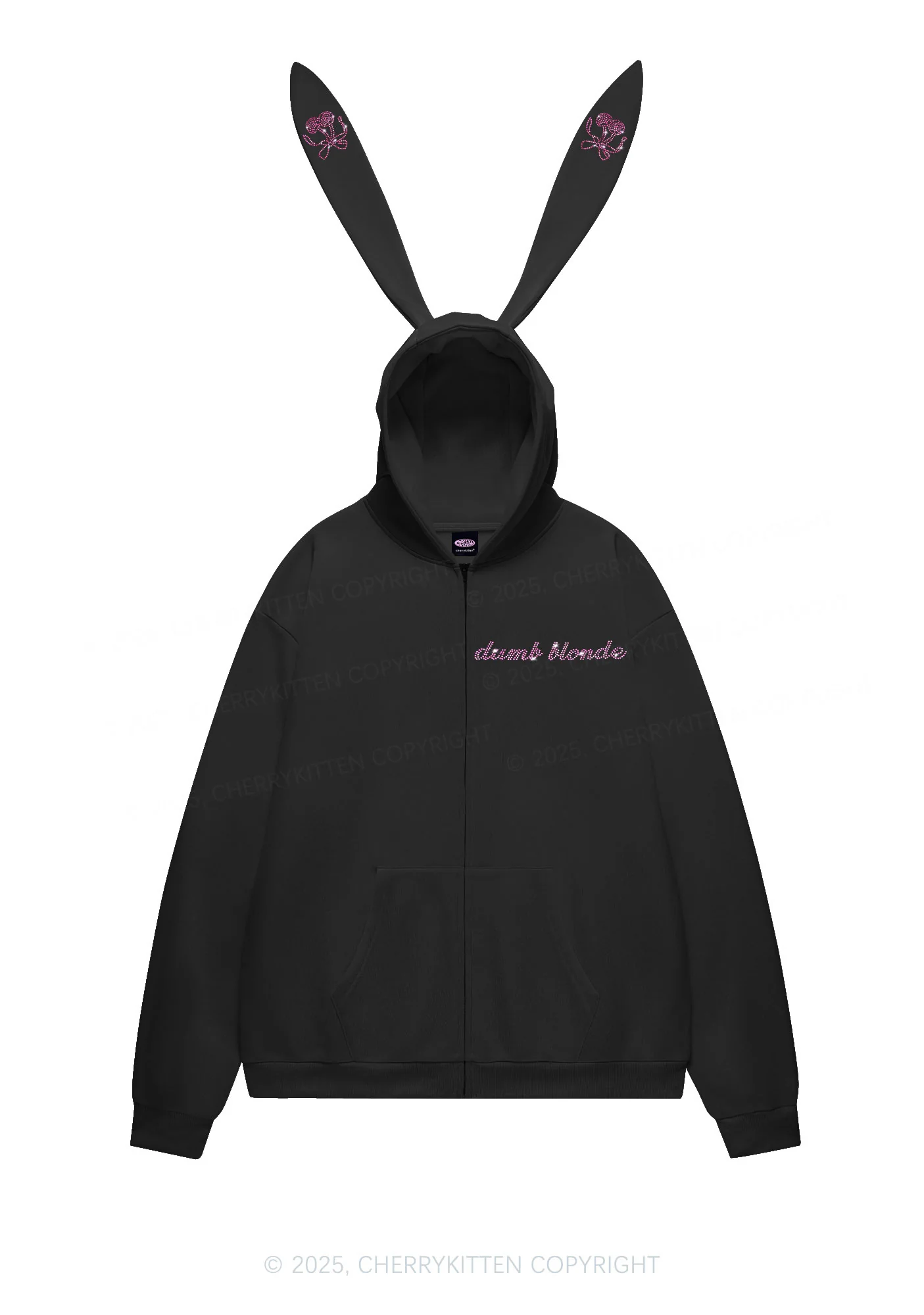 Rhinestone Dumb Blonde Cherry Y2K Bunny Ear Zip Hoodie Cherrykitten - Image 2