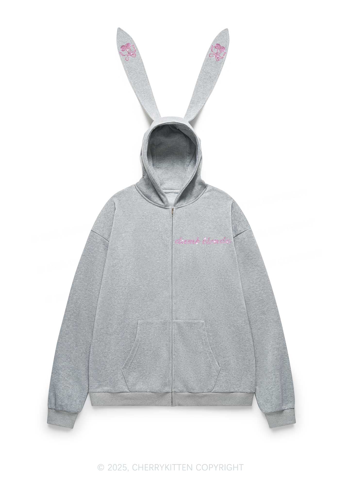 Rhinestone Dumb Blonde Cherry Y2K Bunny Ear Zip Hoodie Cherrykitten - Image 4