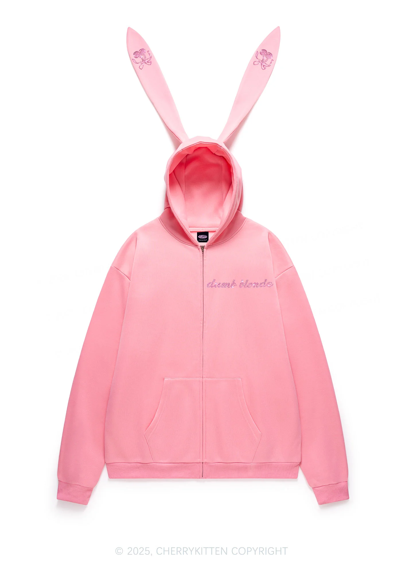 Rhinestone Dumb Blonde Cherry Y2K Bunny Ear Zip Hoodie Cherrykitten - Image 5