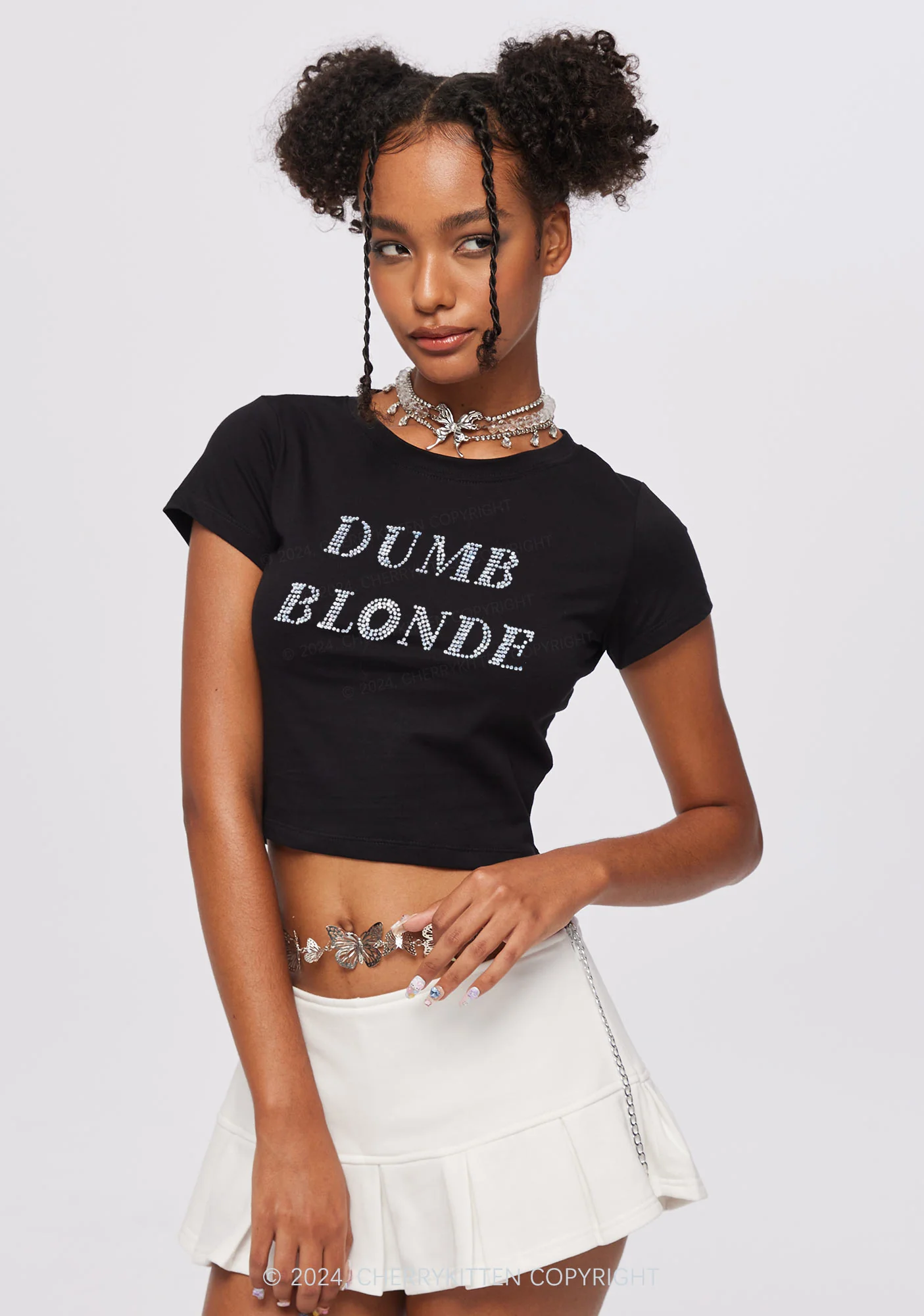 Rhinestone Dumb Blonde Y2K Baby Tee Cherrykitten - Image 2