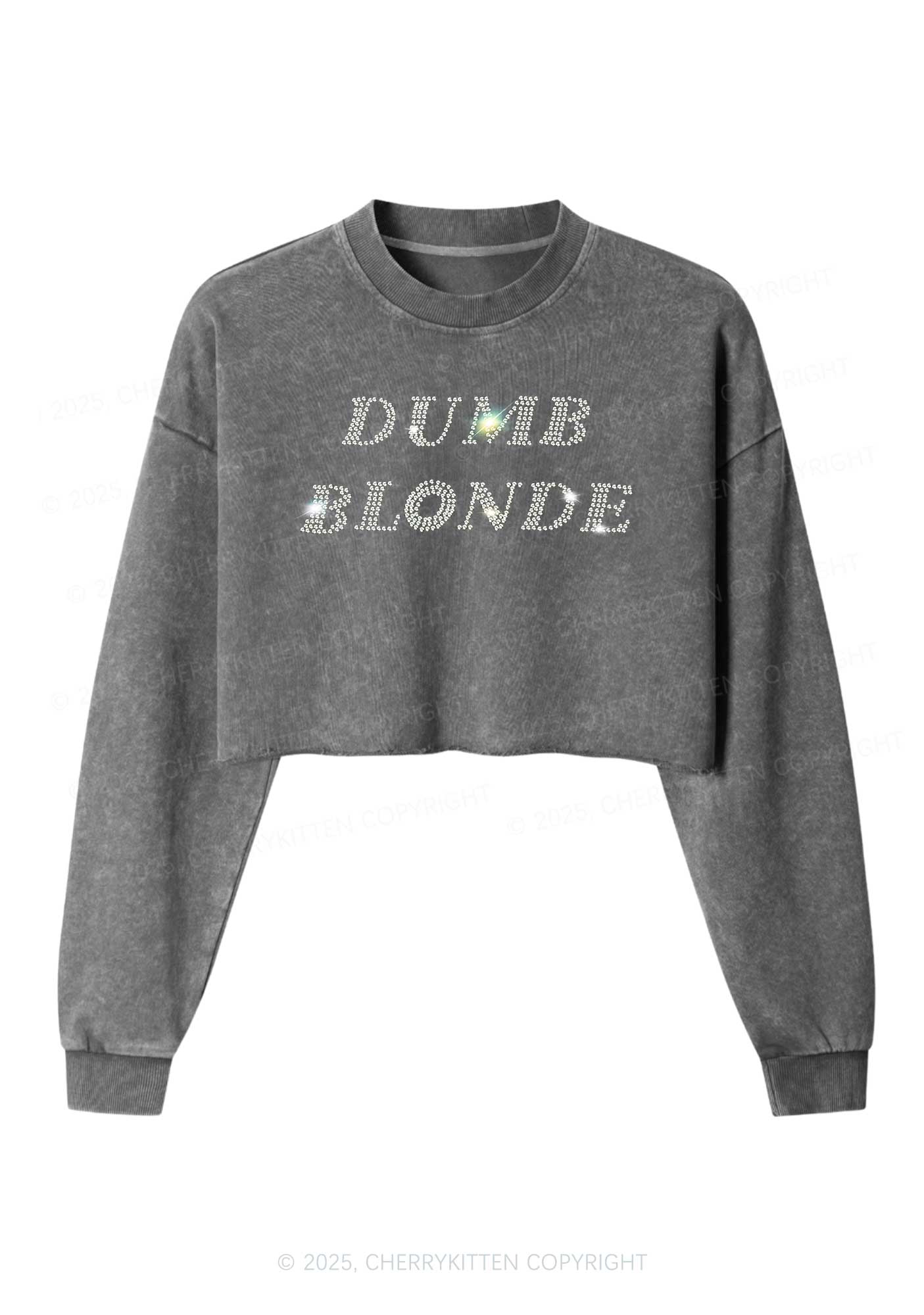 Rhinestone Dumb Blonde Y2K Crop Washed Sweatshirts Cherrykitten - Image 3