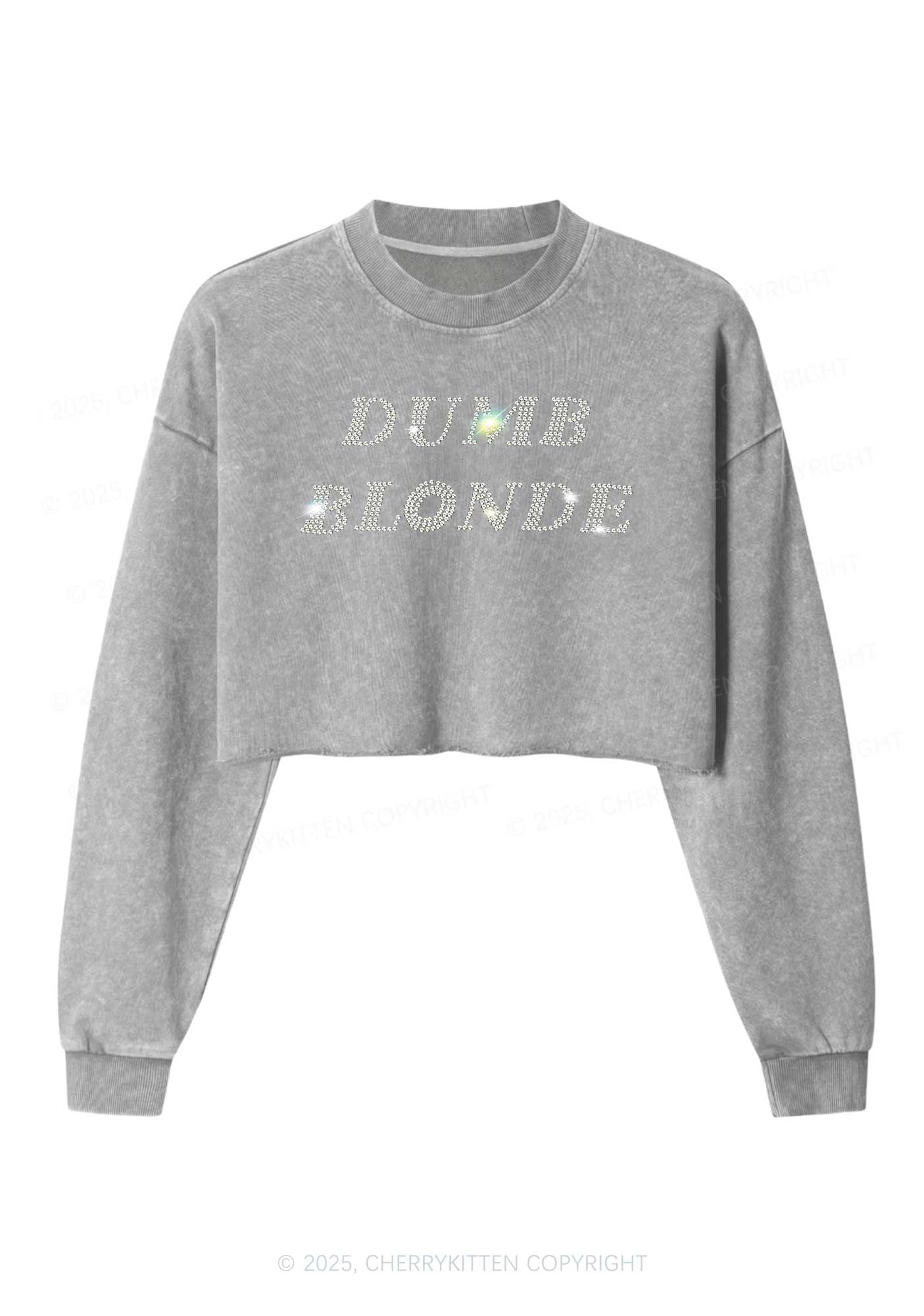 Rhinestone Dumb Blonde Y2K Crop Washed Sweatshirts Cherrykitten - Image 4