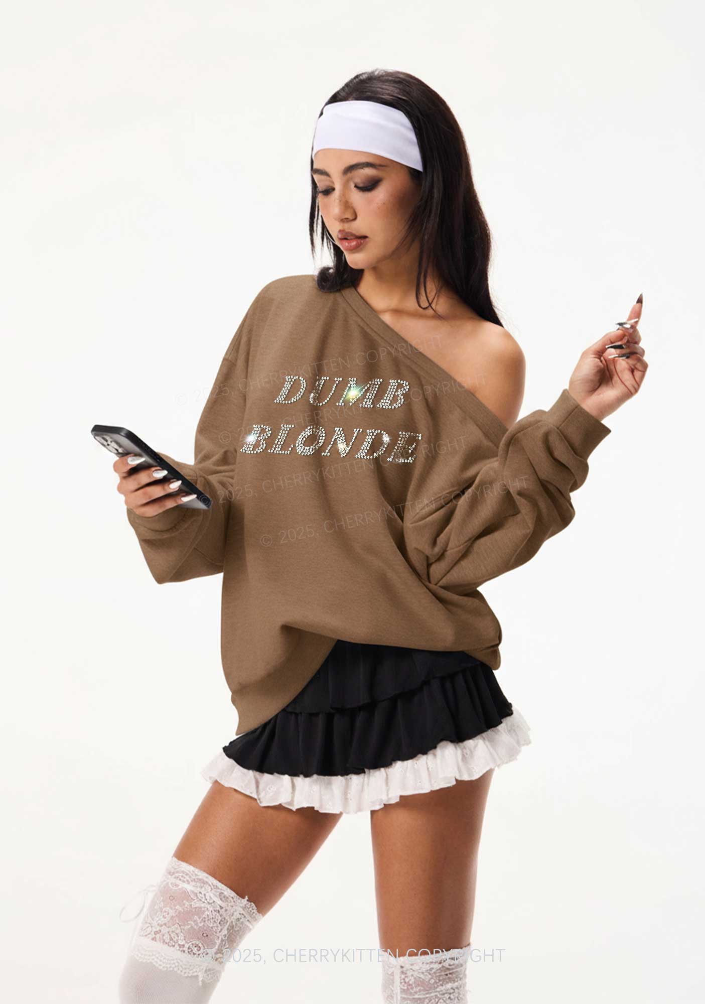 Rhinestone Dumb Blonde Y2K Off Shoulder Sweatshirts Cherrykitten - Image 2