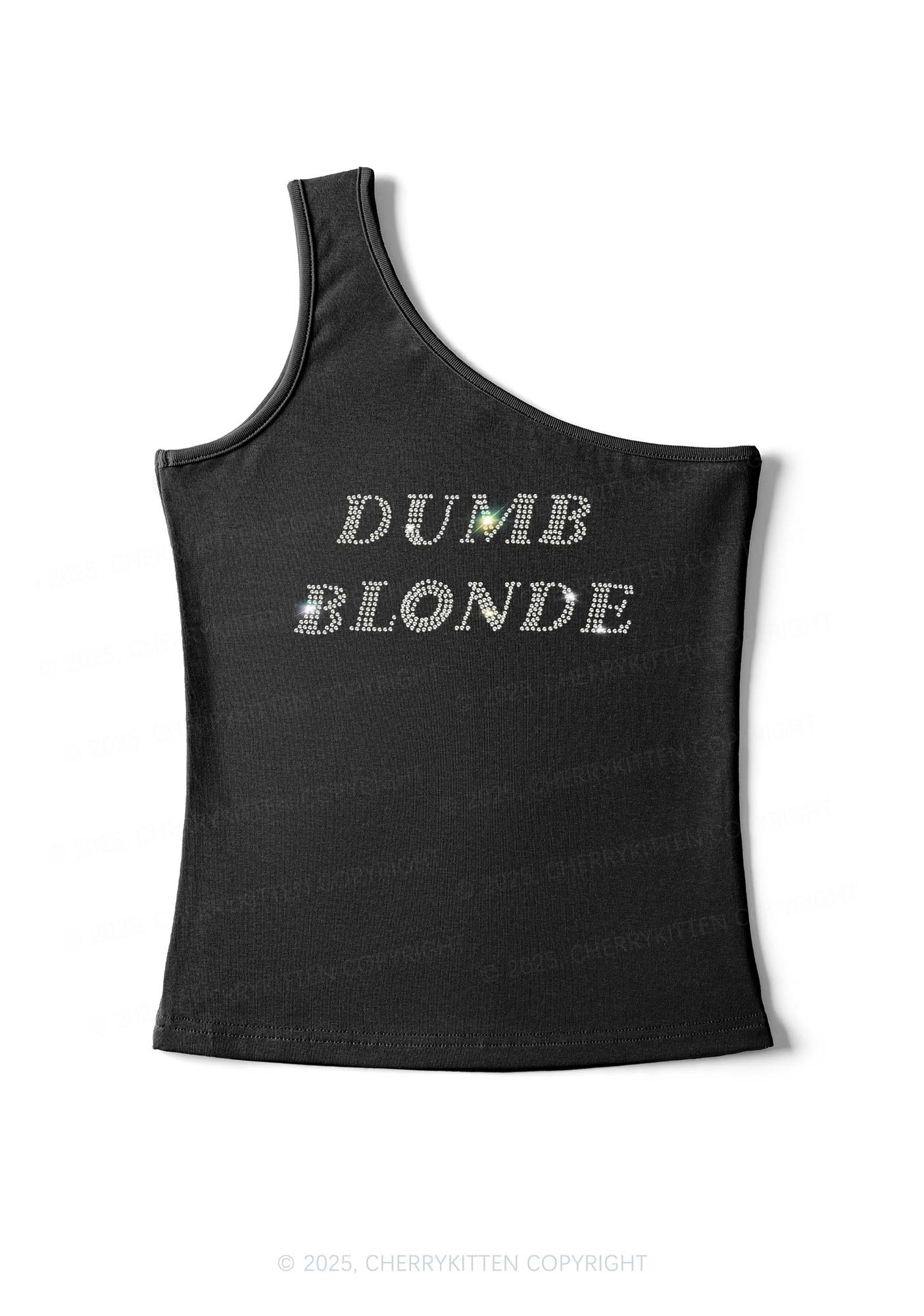 Rhinestone Dumb Blonde Y2K One Shoulder Tank Top Cherrykitten - Image 2