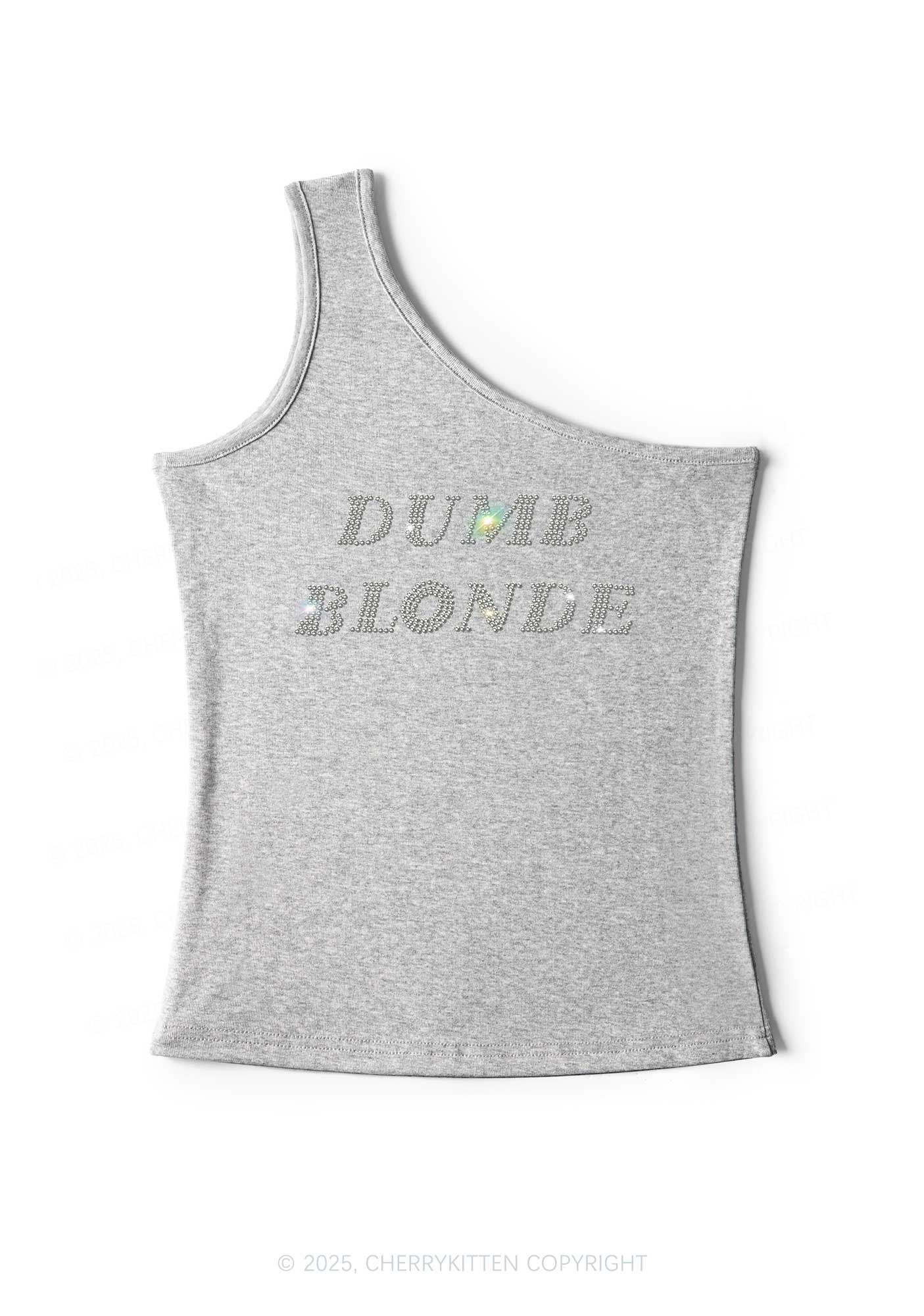 Rhinestone Dumb Blonde Y2K One Shoulder Tank Top Cherrykitten - Image 6