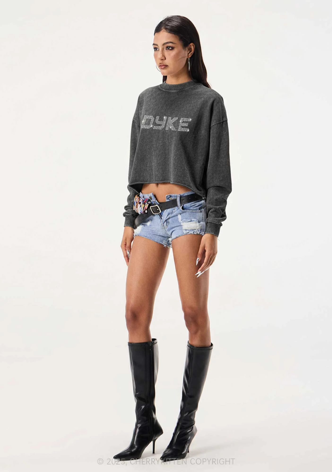 Rhinestone Dyke Pride Y2K Crop Washed Sweatshirts Cherrykitten - Image 2
