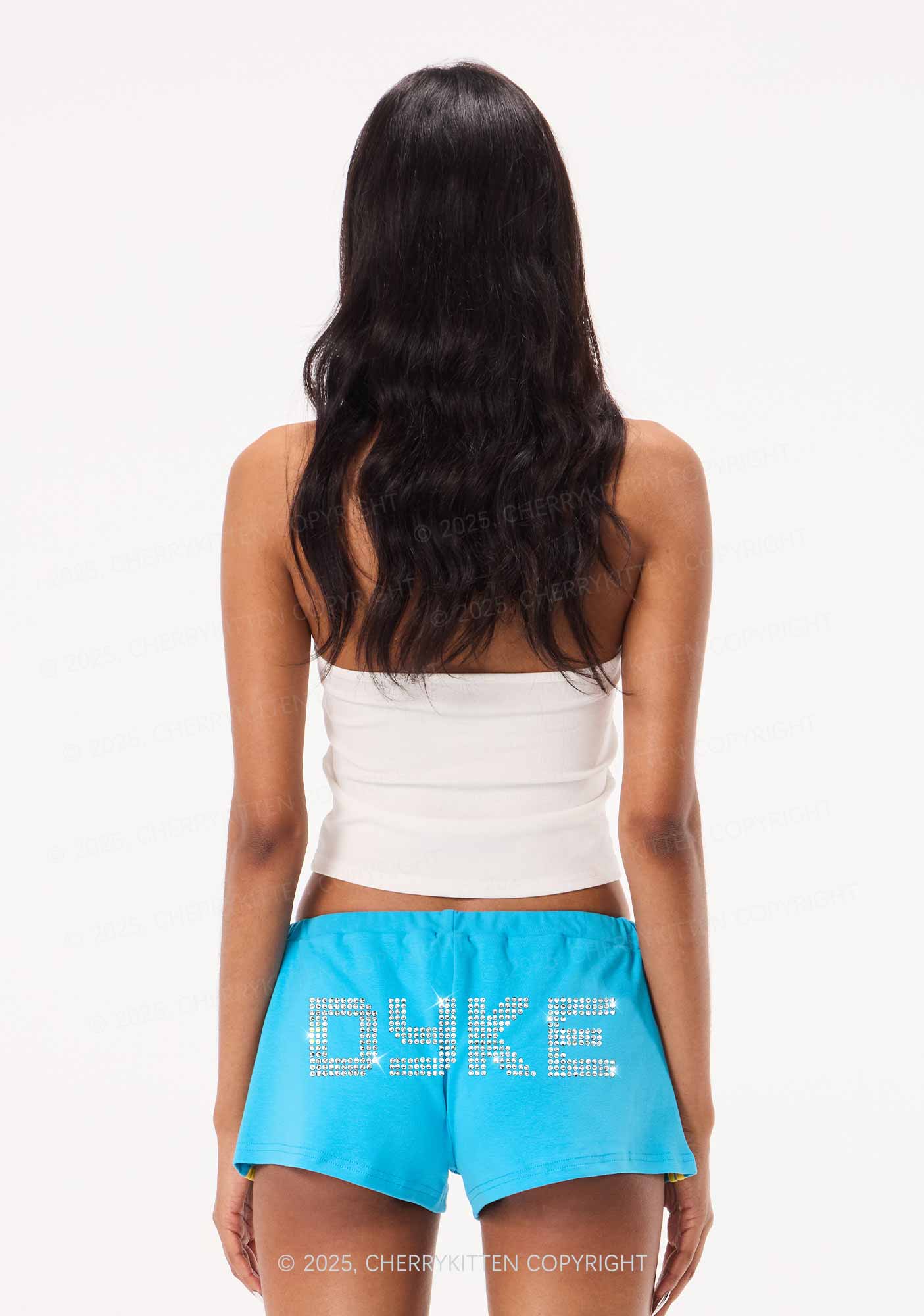 Rhinestone Dyke Pride Y2K Drawstring Mini Shorts Cherrykitten - Image 2