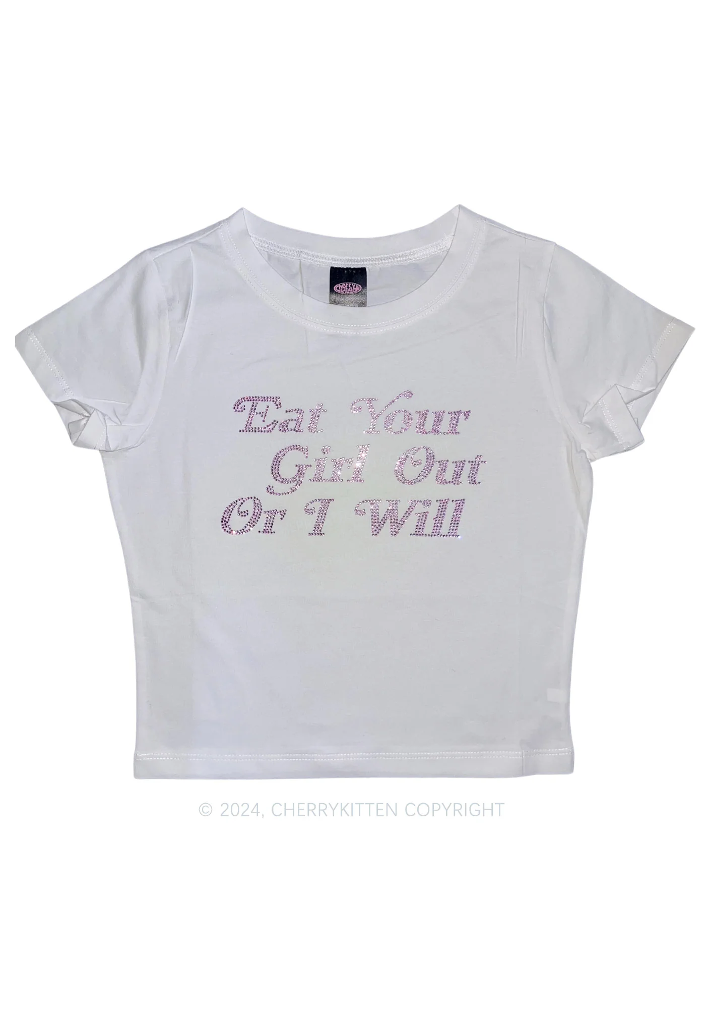 Rhinestone Eat Your Girl Out Y2K Baby Tee Cherrykitten - Image 3