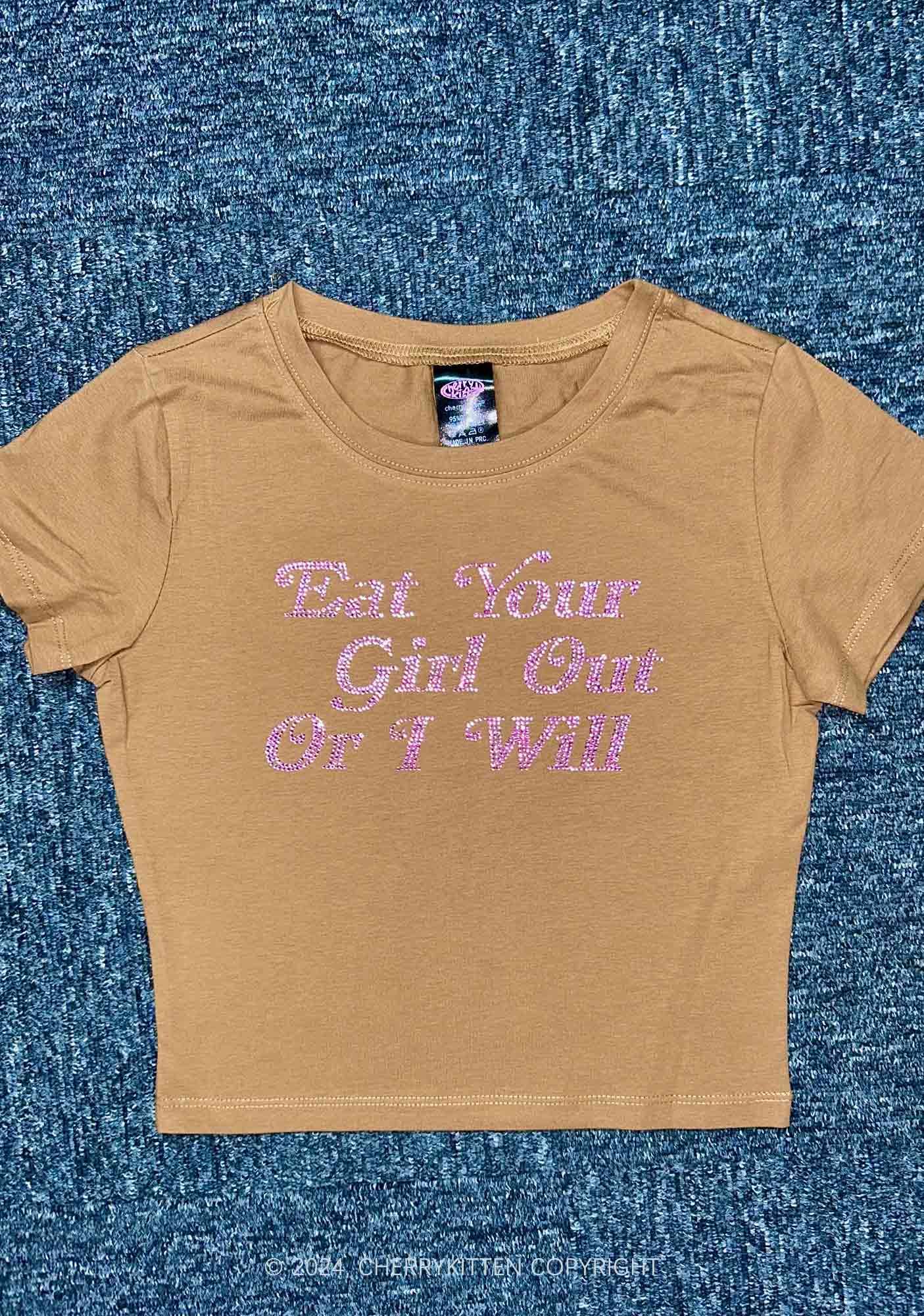 Rhinestone Eat Your Girl Out Y2K Baby Tee Cherrykitten - Image 4