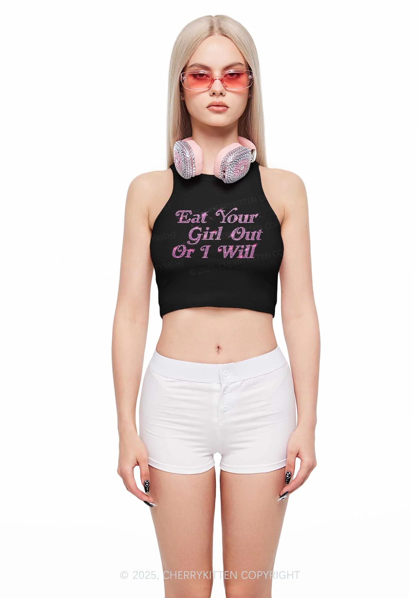 Rhinestone Eat Your Girl Out Y2K Crop Tank Top Cherrykitten - Image 2
