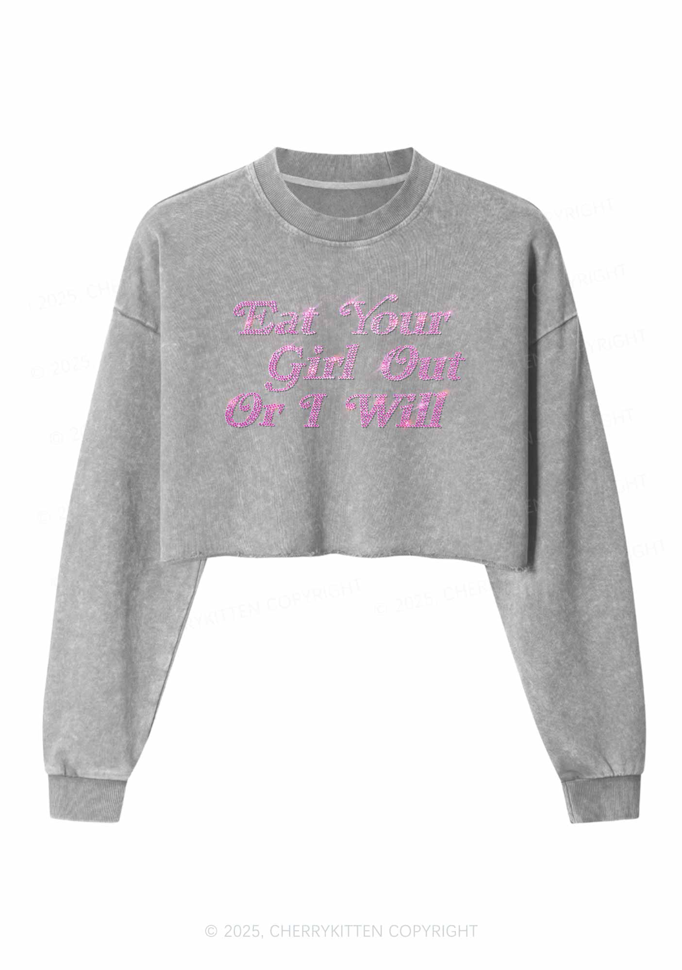 Rhinestone Eat Your Girl Out Y2K Crop Washed Sweatshirts Cherrykitten - Image 4