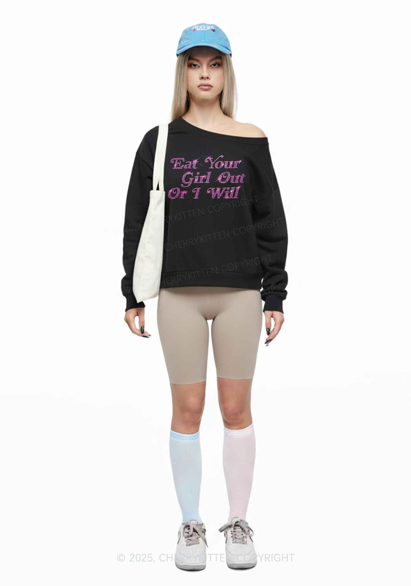 Rhinestone Eat Your Girl Out Y2K Off Shoulder Sweatshirts Cherrykitten - Image 2