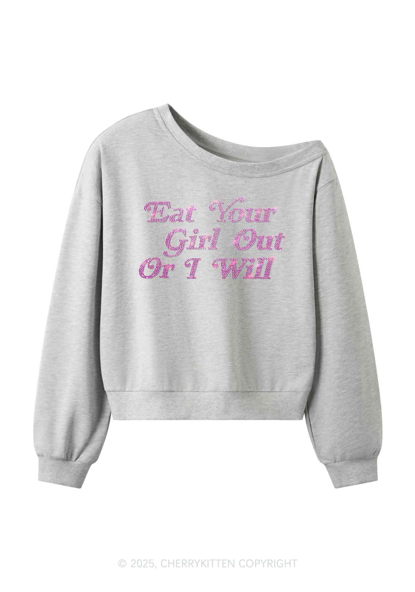 Rhinestone Eat Your Girl Out Y2K Off Shoulder Sweatshirts Cherrykitten - Image 4
