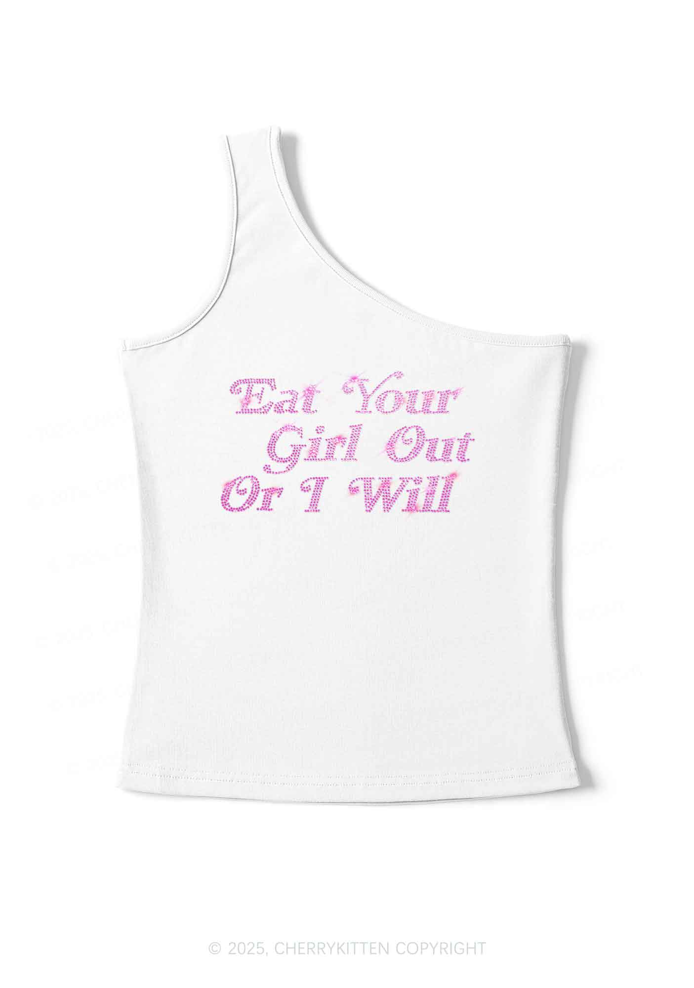 Rhinestone Eat Your Girl Out Y2K One Shoulder Tank Top Cherrykitten - Image 2