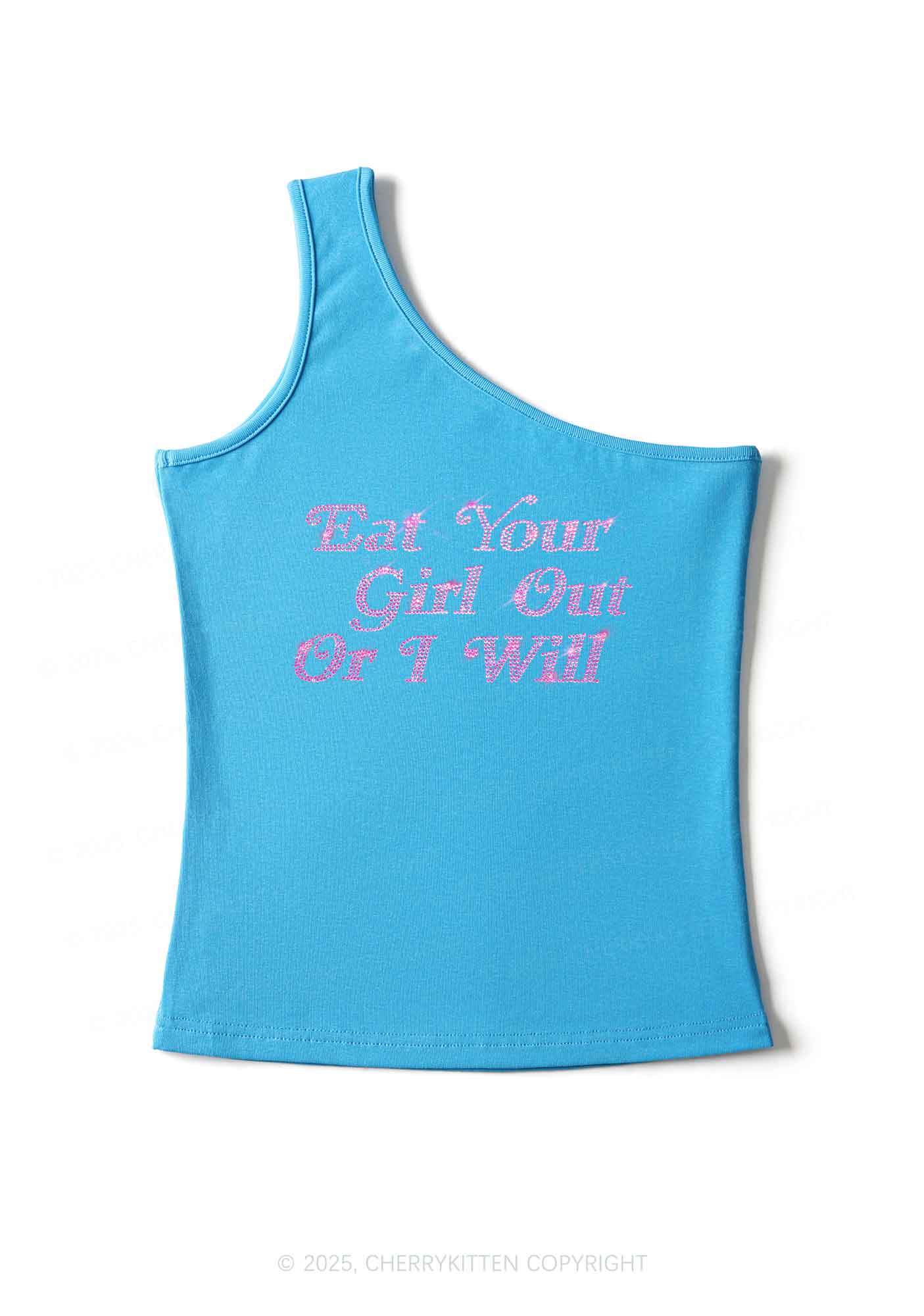 Rhinestone Eat Your Girl Out Y2K One Shoulder Tank Top Cherrykitten - Image 3