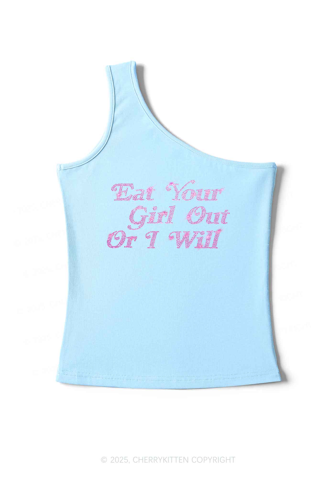 Rhinestone Eat Your Girl Out Y2K One Shoulder Tank Top Cherrykitten - Image 4