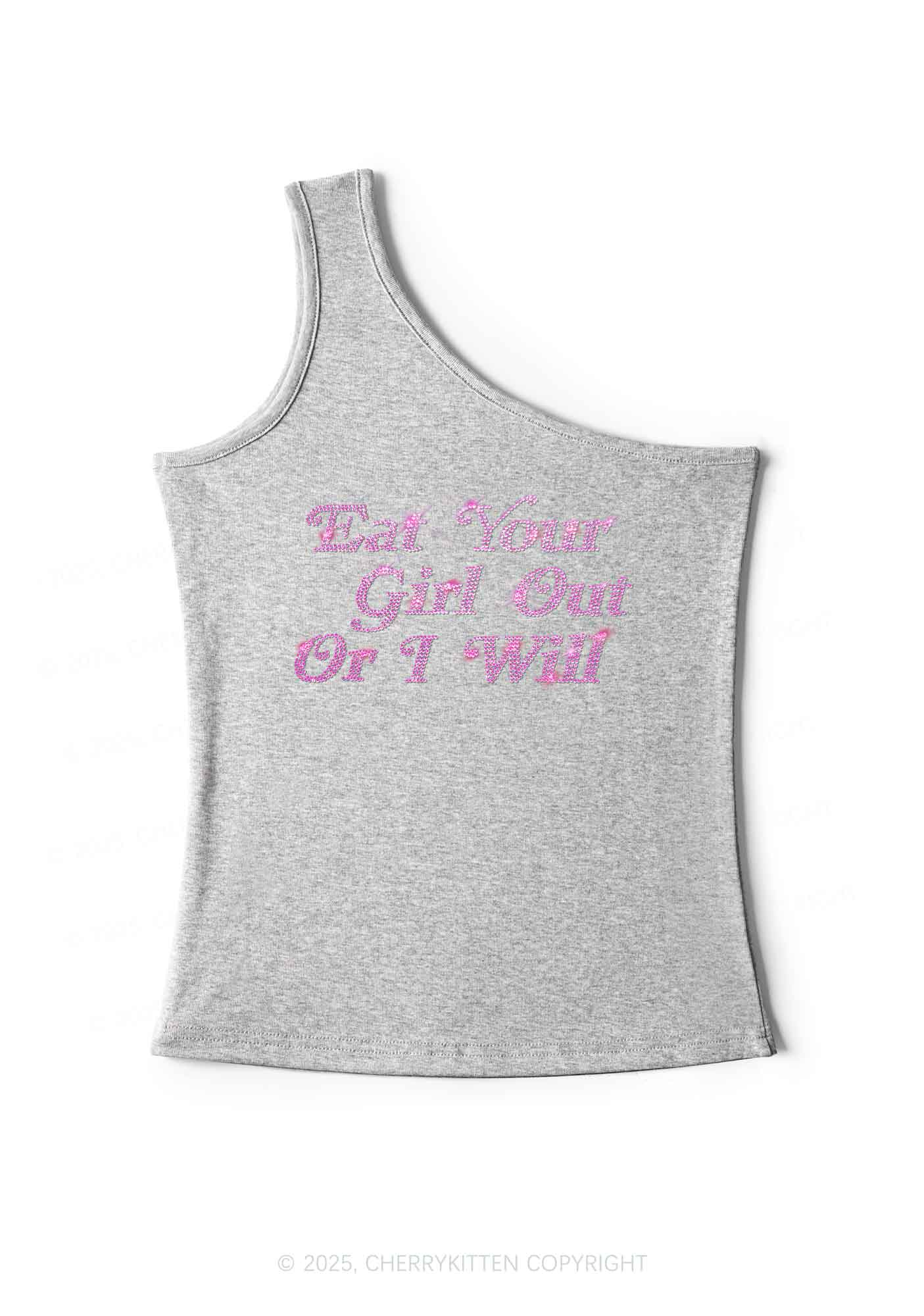 Rhinestone Eat Your Girl Out Y2K One Shoulder Tank Top Cherrykitten - Image 6
