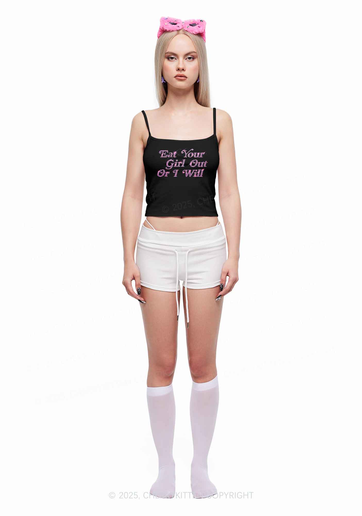 Rhinestone Eat Your Girl Out Y2K Spaghetti Strap Cami Cherrykitten - Image 2