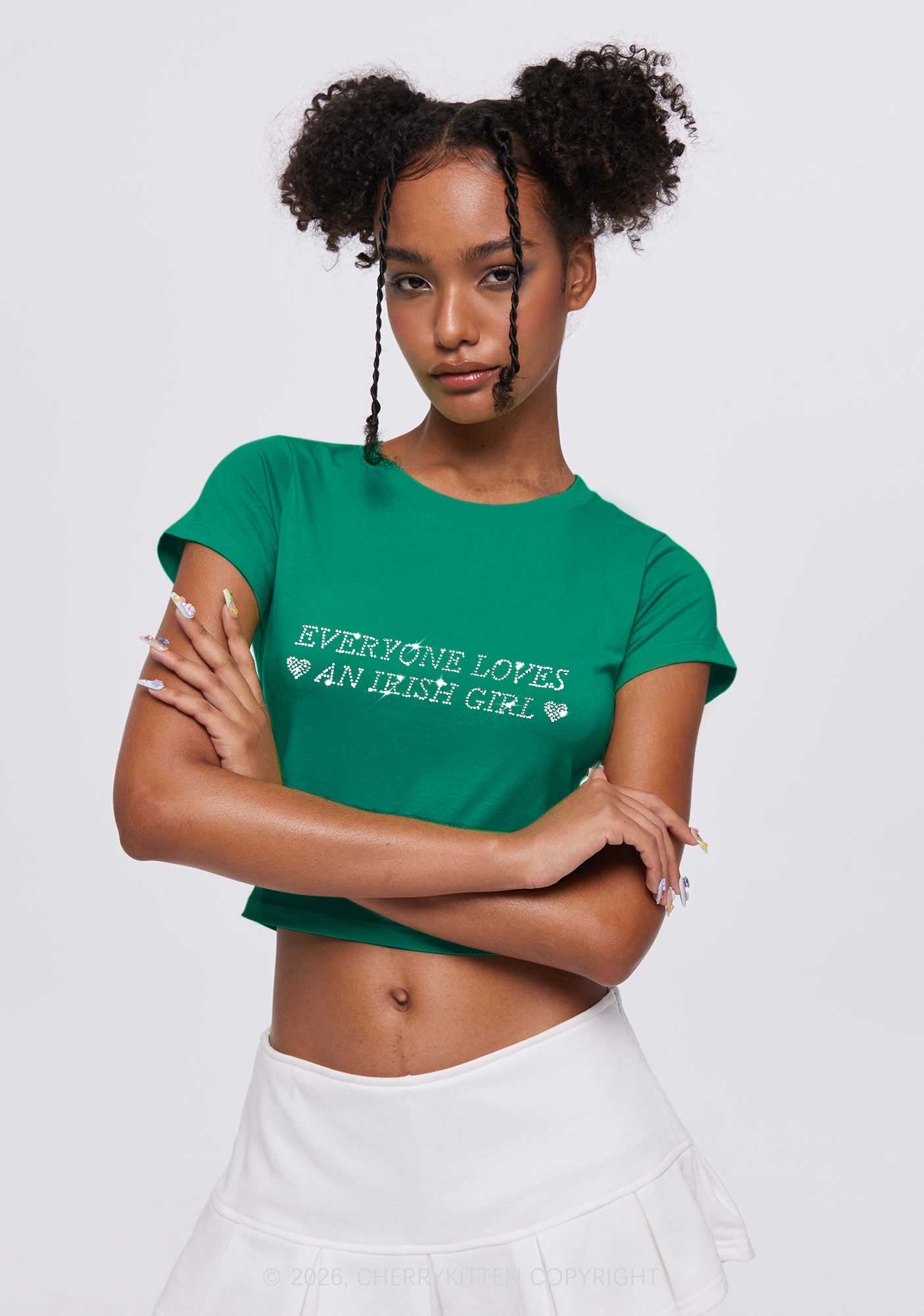 Rhinestone Everyone Loves Irish Girl St Patricks Y2K Baby Tee Cherrykitten - Image 2