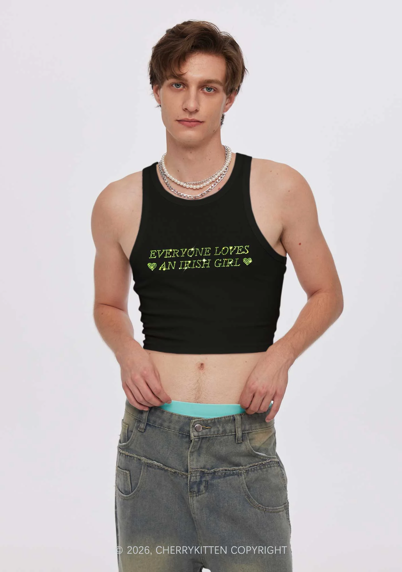 Rhinestone Everyone Loves Irish Girl St Patricks Y2K Crop Tank Top Cherrykitten - Image 2