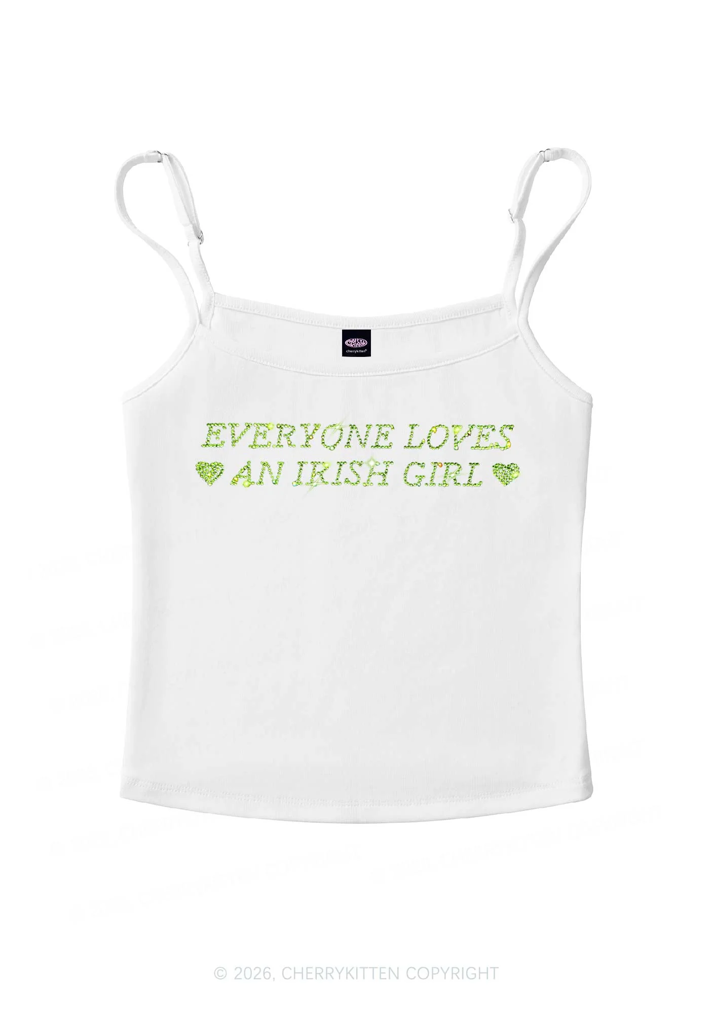 Rhinestone Everyone Loves Irish Girl St Patricks Y2K Spaghetti Strap Cami Cherrykitten - Image 2