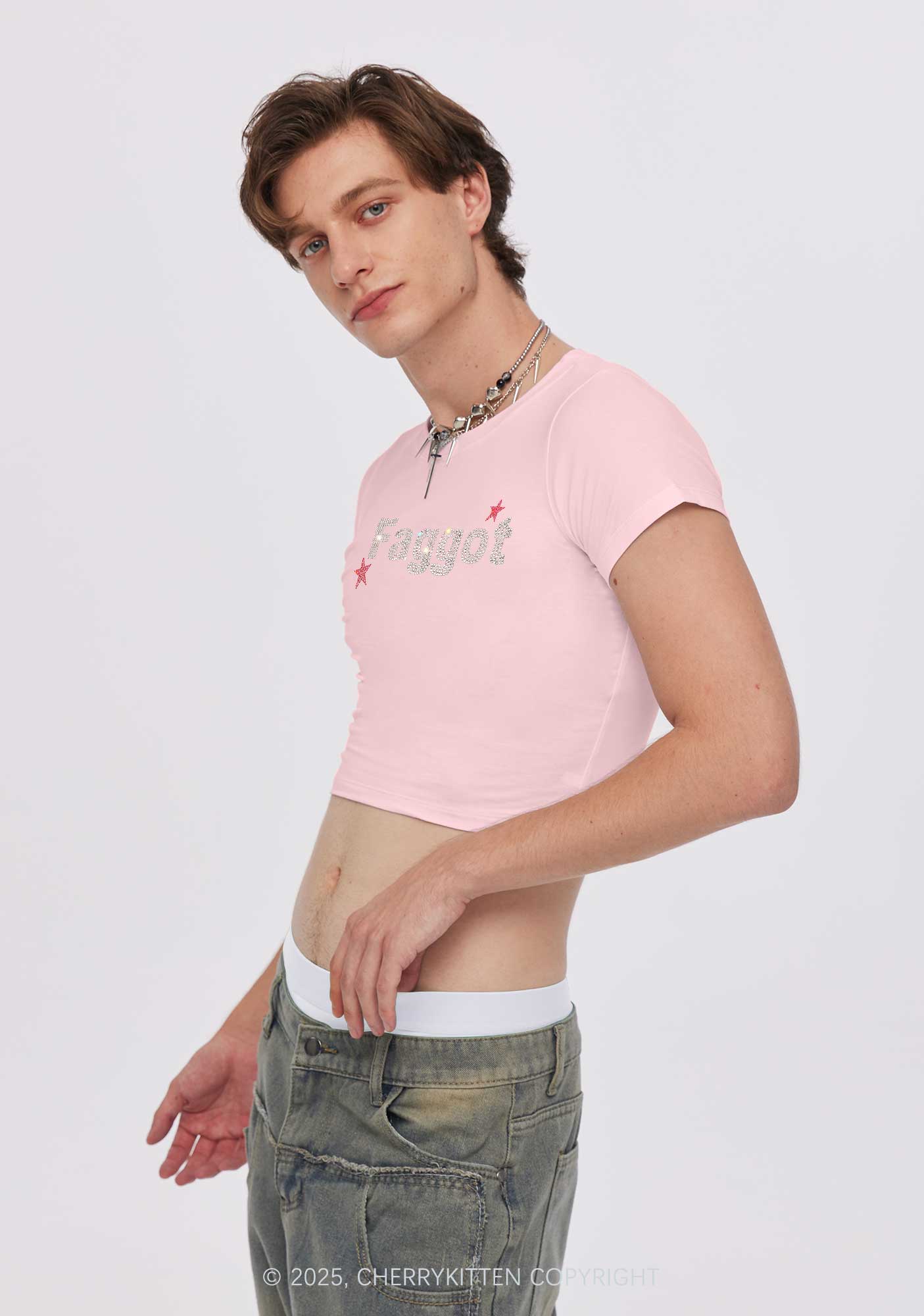 Rhinestone Faggot Pride Y2K Baby Tee Cherrykitten - Image 3
