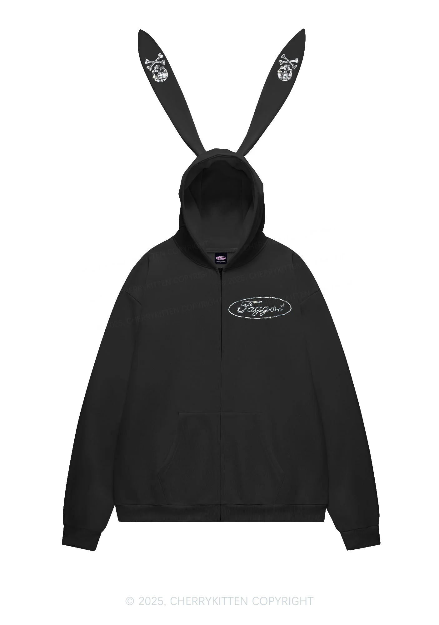 Rhinestone Faggot Pride Y2K Bunny Ear Zip Hoodie Cherrykitten - Image 3