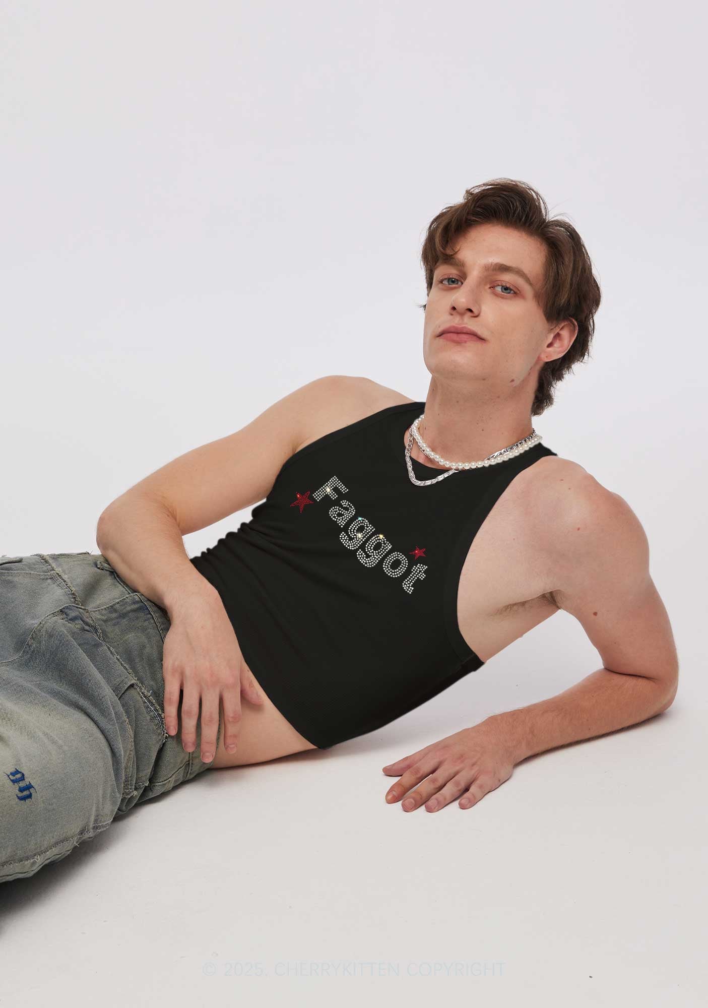 Rhinestone Faggot Pride Y2K Crop Tank Top Cherrykitten - Image 2