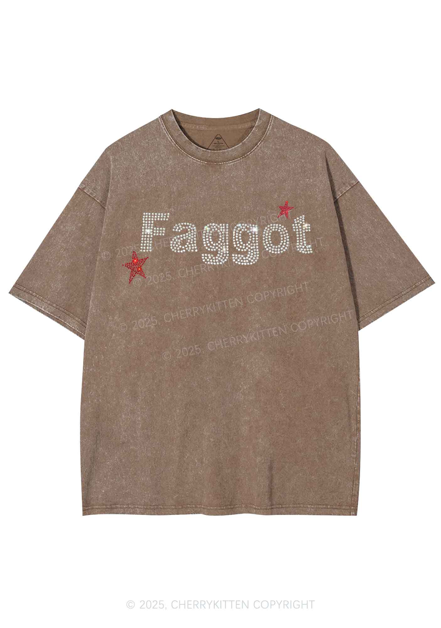 Rhinestone Faggot Pride Y2K Shirts Washed Tee Cherrykitten - Image 5