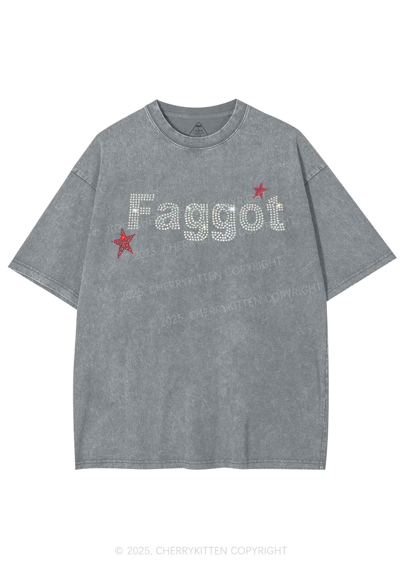 Rhinestone Faggot Pride Y2K Shirts Washed Tee Cherrykitten - Image 7