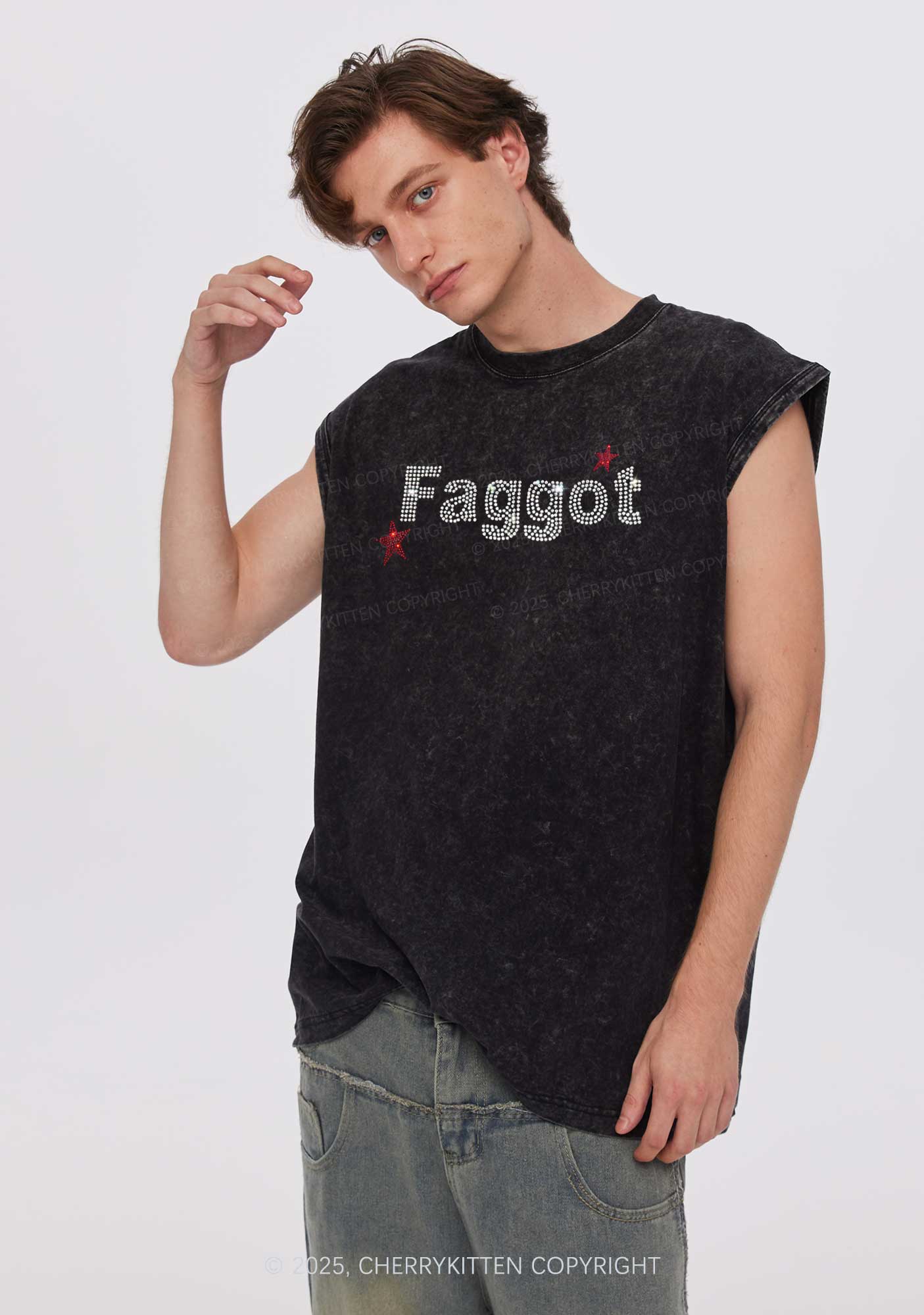 Rhinestone Faggot Pride Y2K Washed Muscle Tank Cherrykitten - Image 2
