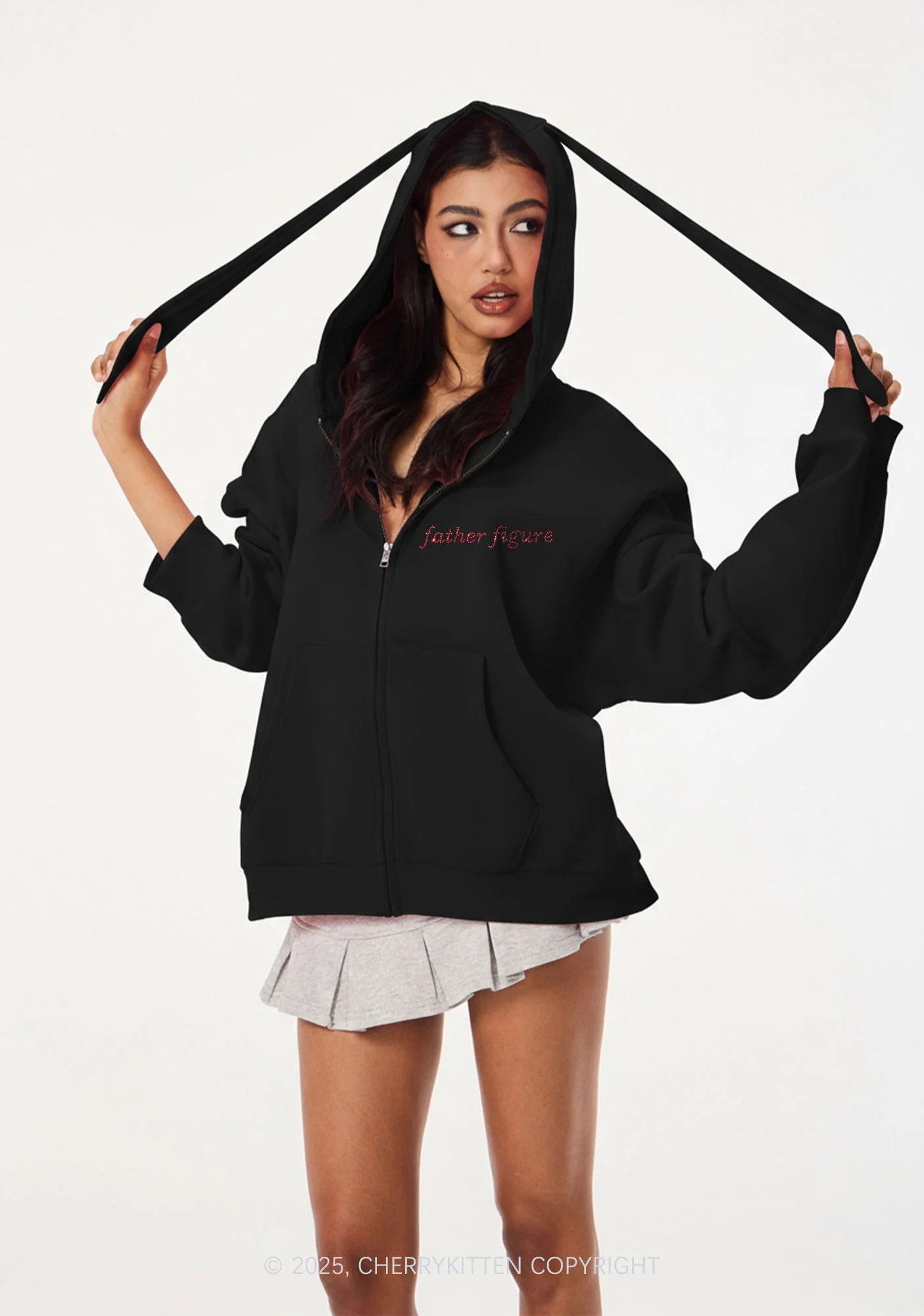 Rhinestone Father Figure Y2K Bunny Ear Zip Hoodie Cherrykitten - Image 2