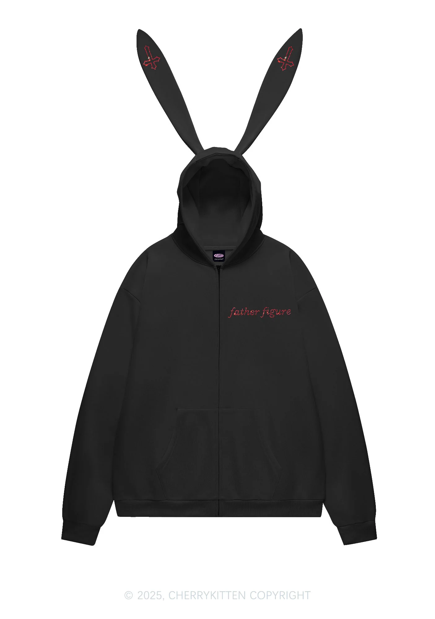 Rhinestone Father Figure Y2K Bunny Ear Zip Hoodie Cherrykitten - Image 3