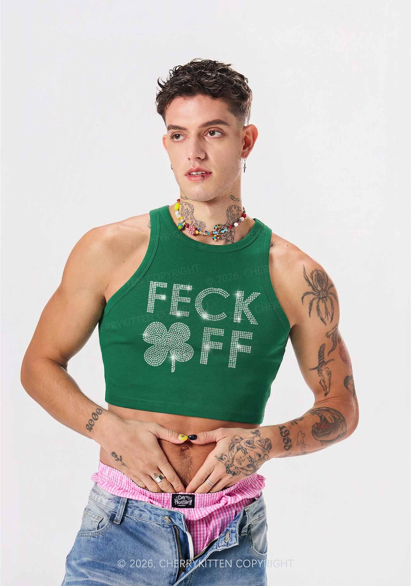 Rhinestone Feck Off St Patricks Y2K Crop Tank Top Cherrykitten - Image 2