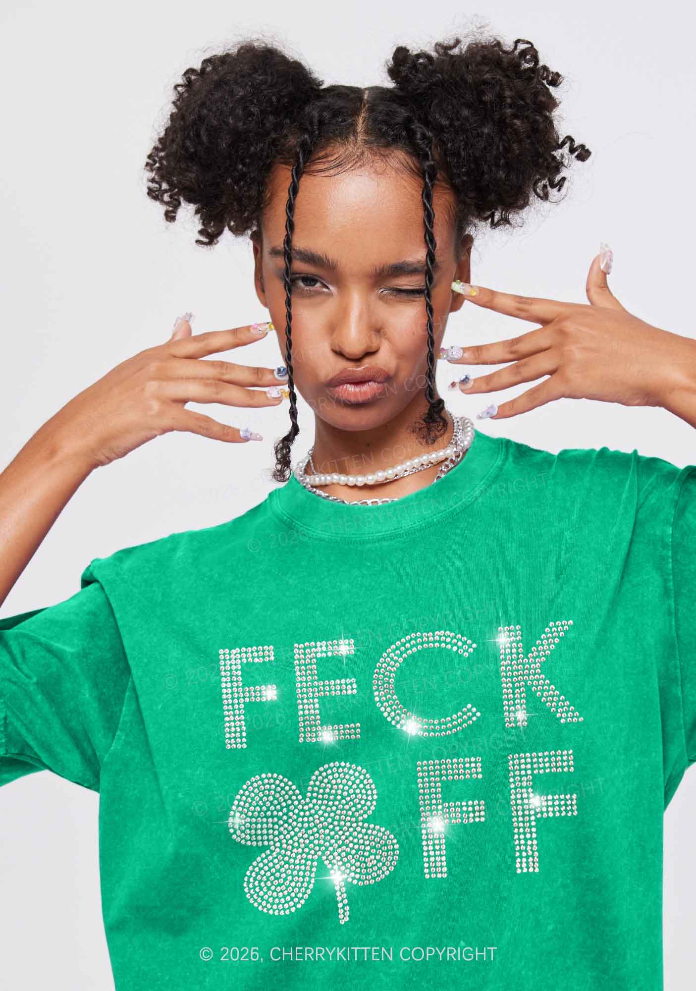 Rhinestone Feck Off St Patricks Y2K Shirts Washed Tee Cherrykitten - Image 2