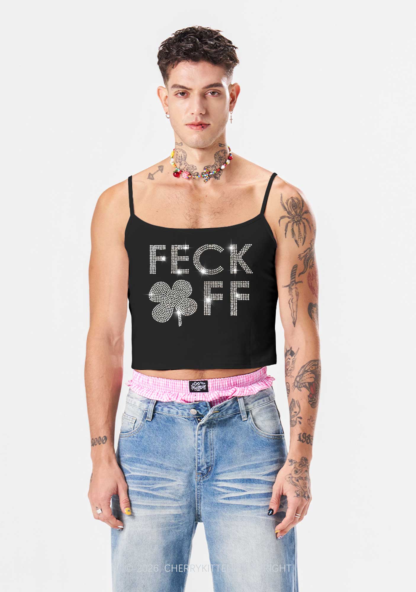Rhinestone Feck Off St Patricks Y2K Spaghetti Strap Cami Cherrykitten - Image 2