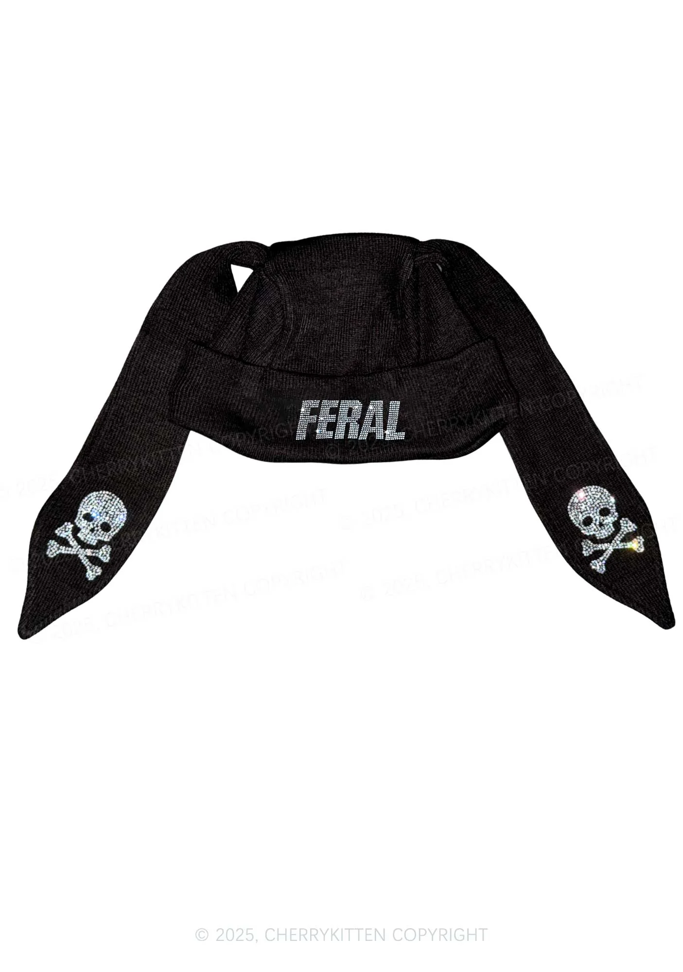 Rhinestone Feral Skull Y2K Bunny Ear Knitted Hat Cherrykitten - Image 2