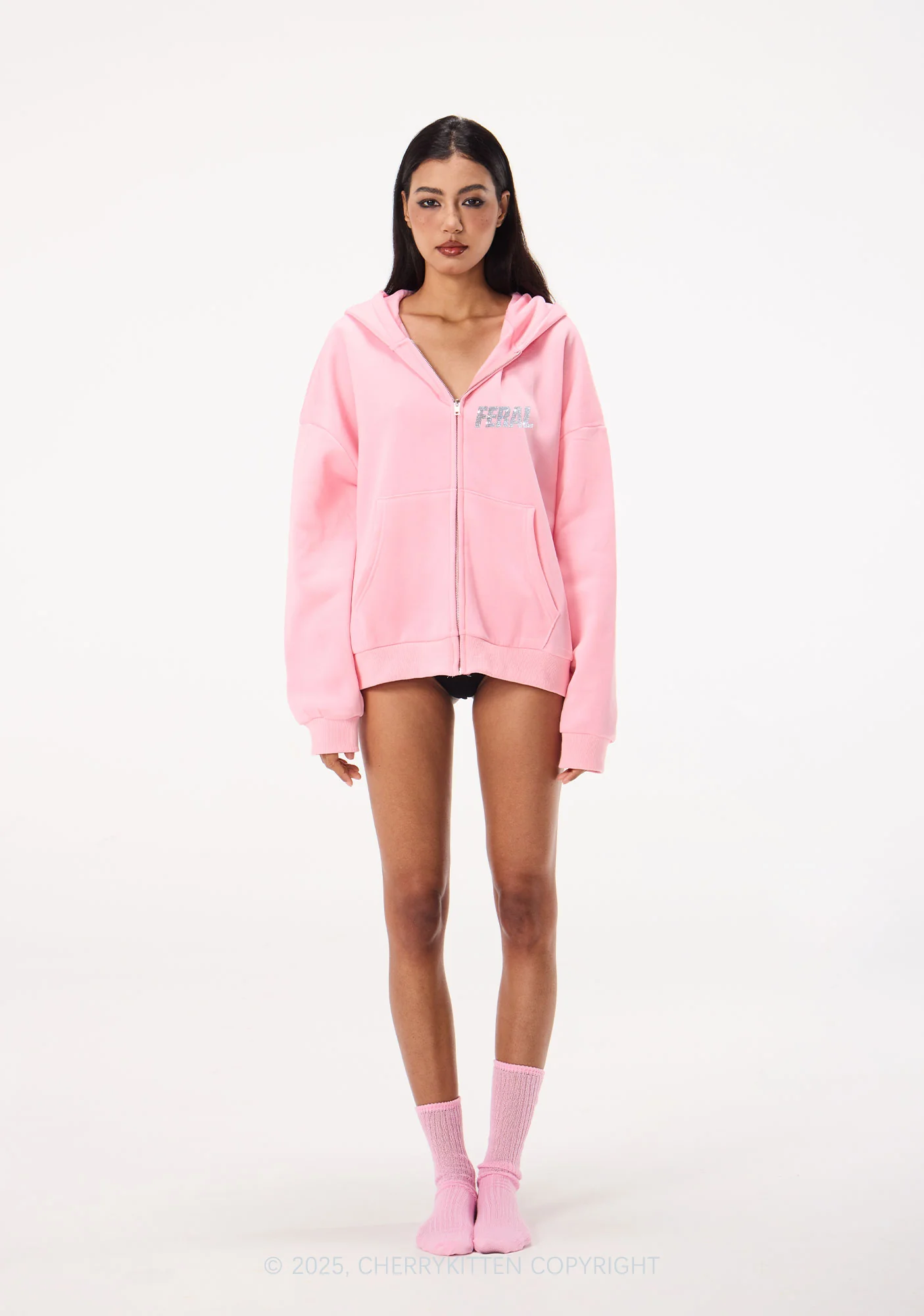 Rhinestone Feral Y2K Bunny Ear Zip Hoodie Cherrykitten - Image 2