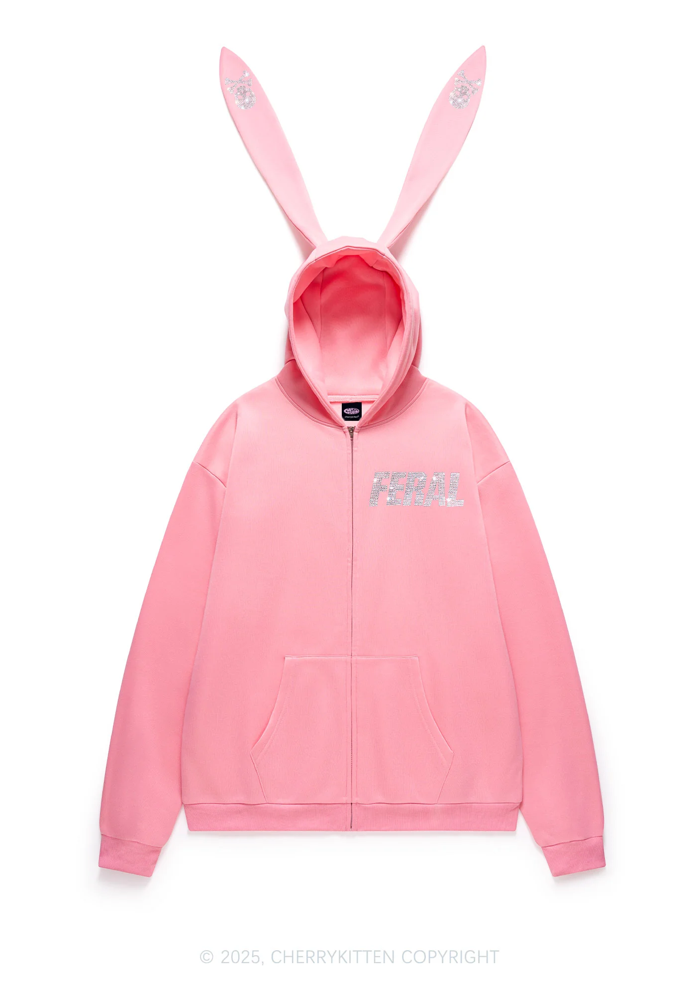 Rhinestone Feral Y2K Bunny Ear Zip Hoodie Cherrykitten - Image 3