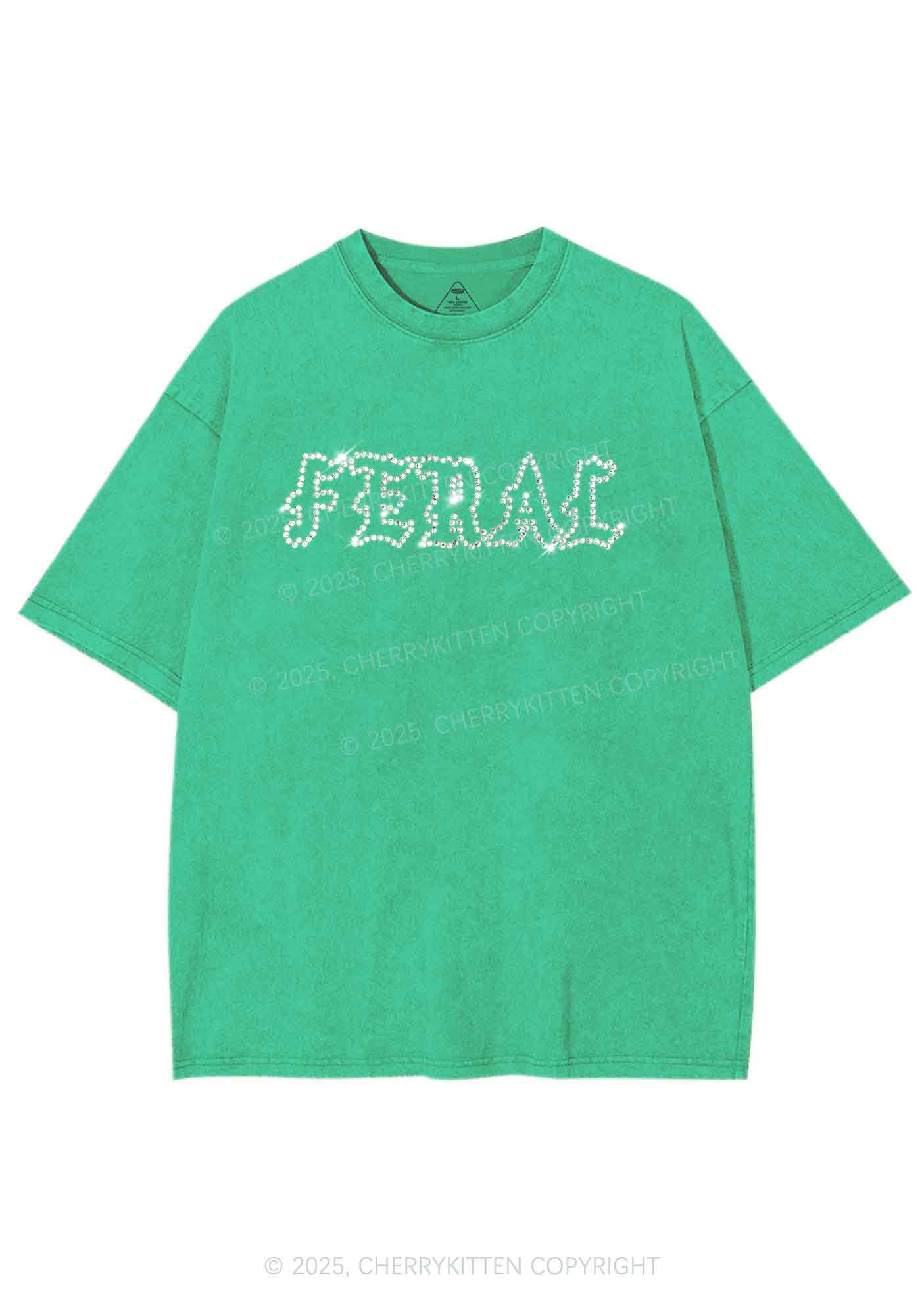 Rhinestone Feral Y2K Shirts Washed Tee Cherrykitten - Image 3