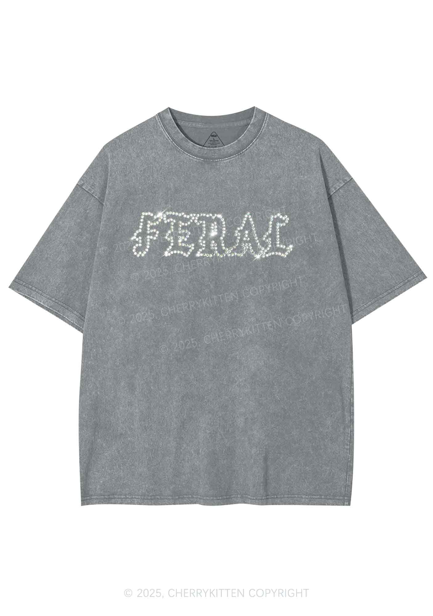Rhinestone Feral Y2K Shirts Washed Tee Cherrykitten - Image 6