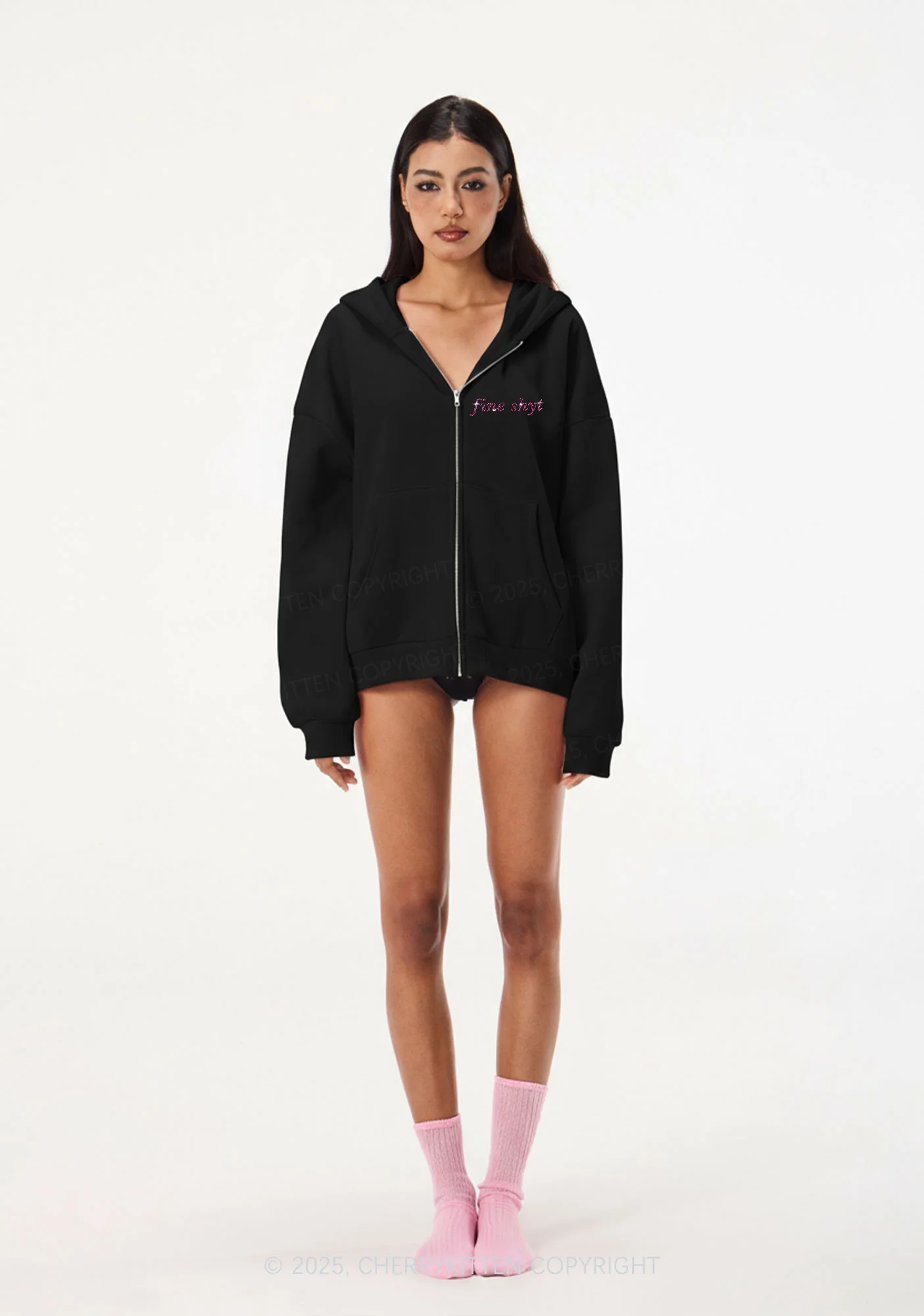 Rhinestone Fine Shyt Y2K Bunny Ear Zip Hoodie Cherrykitten - Image 2