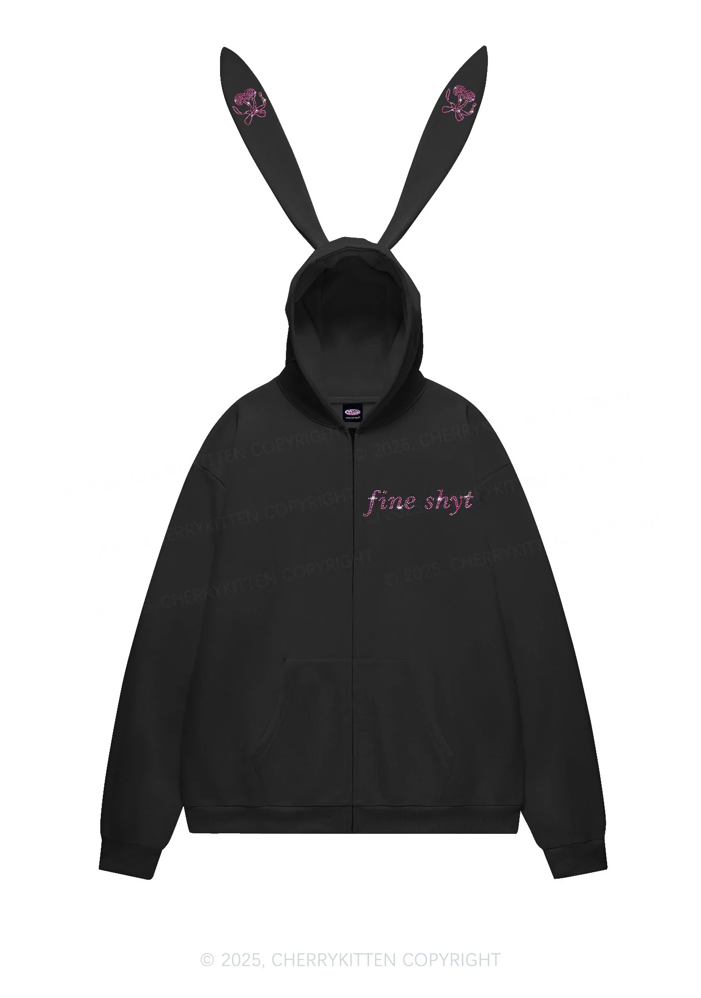 Rhinestone Fine Shyt Y2K Bunny Ear Zip Hoodie Cherrykitten - Image 3