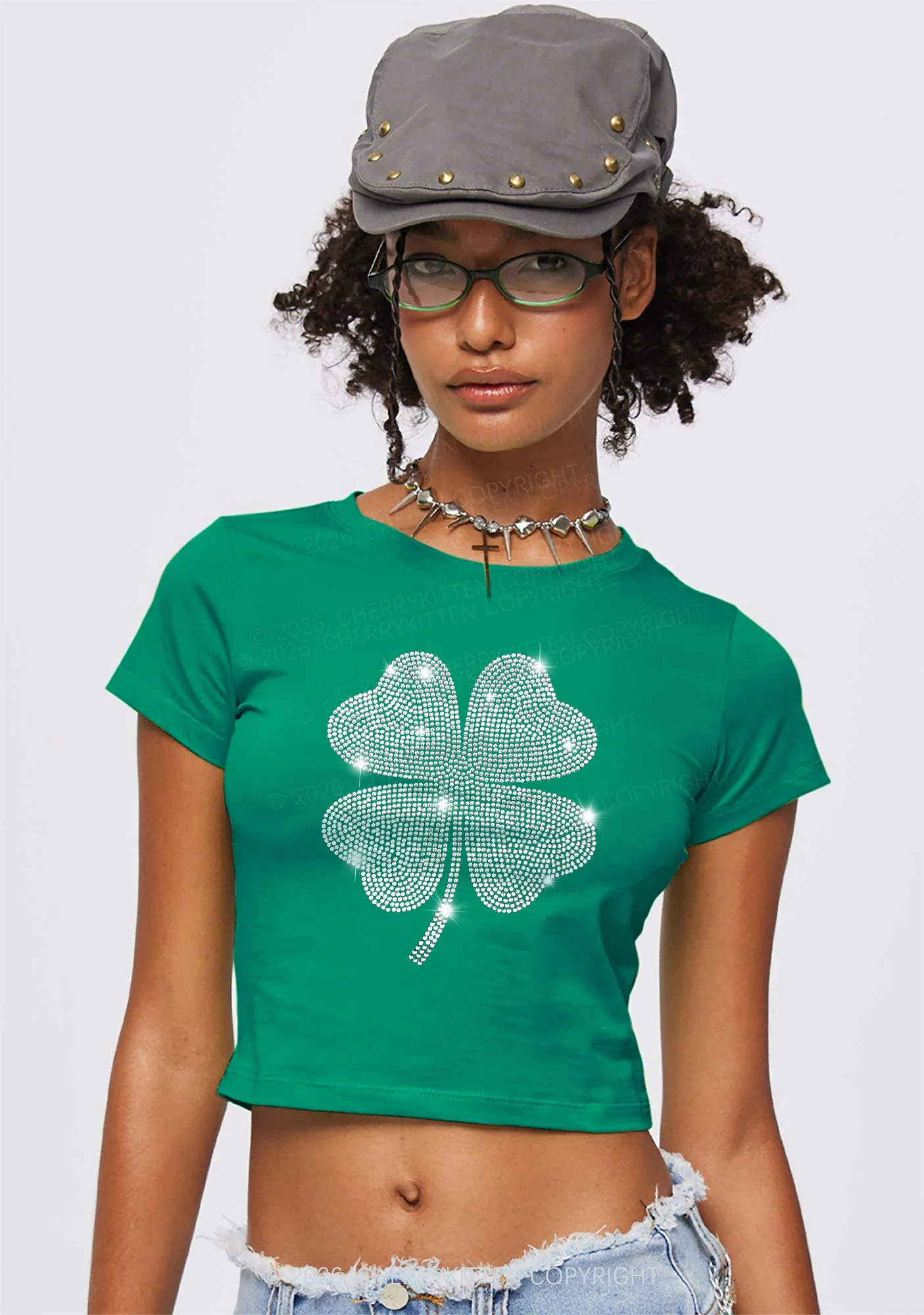 Rhinestone Four Leaf Clover St Patricks Y2K Baby Tee Cherrykitten - Image 2